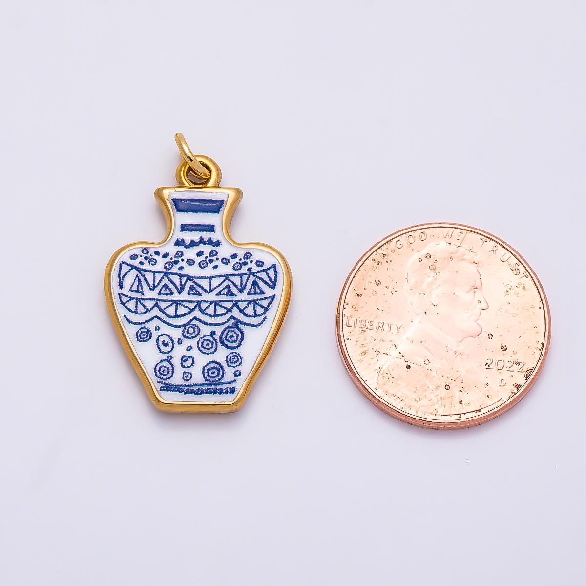 PVD Gold Stainless Steel 24mm Blue White Porcelain Artisan Ceramic Vase Charm DIY Jewelry Making Supply for Vacation | Charms-01330