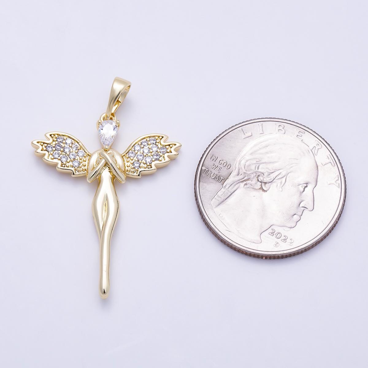 16K Gold Filled 32mm Micro Paved CZ Guardian Angel Religious Pendant Winged Fairy Charm Spiritual Memorial Jewelry Gift | Charms-01392