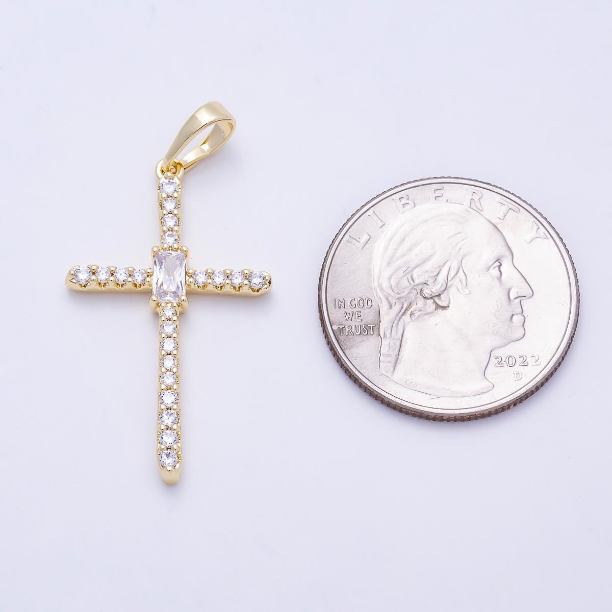 16K Gold Filled 32mm Clear Baguette Micro Paved CZ Cross Religious Pendant Christian Faith Baptism Gift for Her Jewelry Supply| Charms-01403