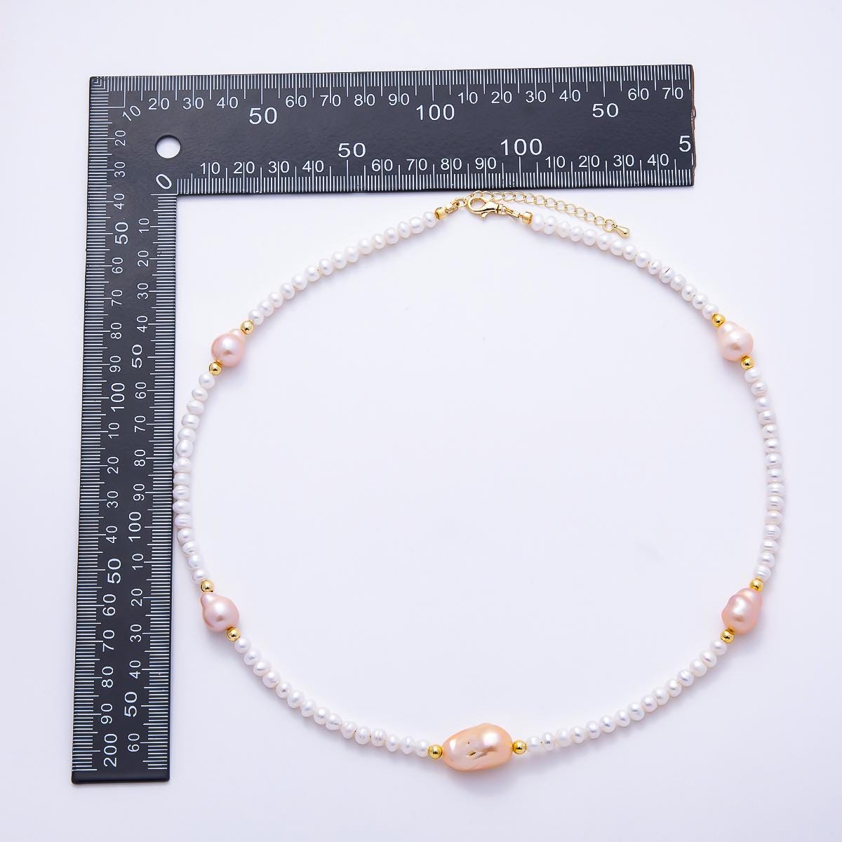 16K Gold Filled 5mm Pink Baroque White Ringed Button Freshwater Pearl Gemstone Chain 20 Inch Necklace Statement Choker Strand | WA-01639