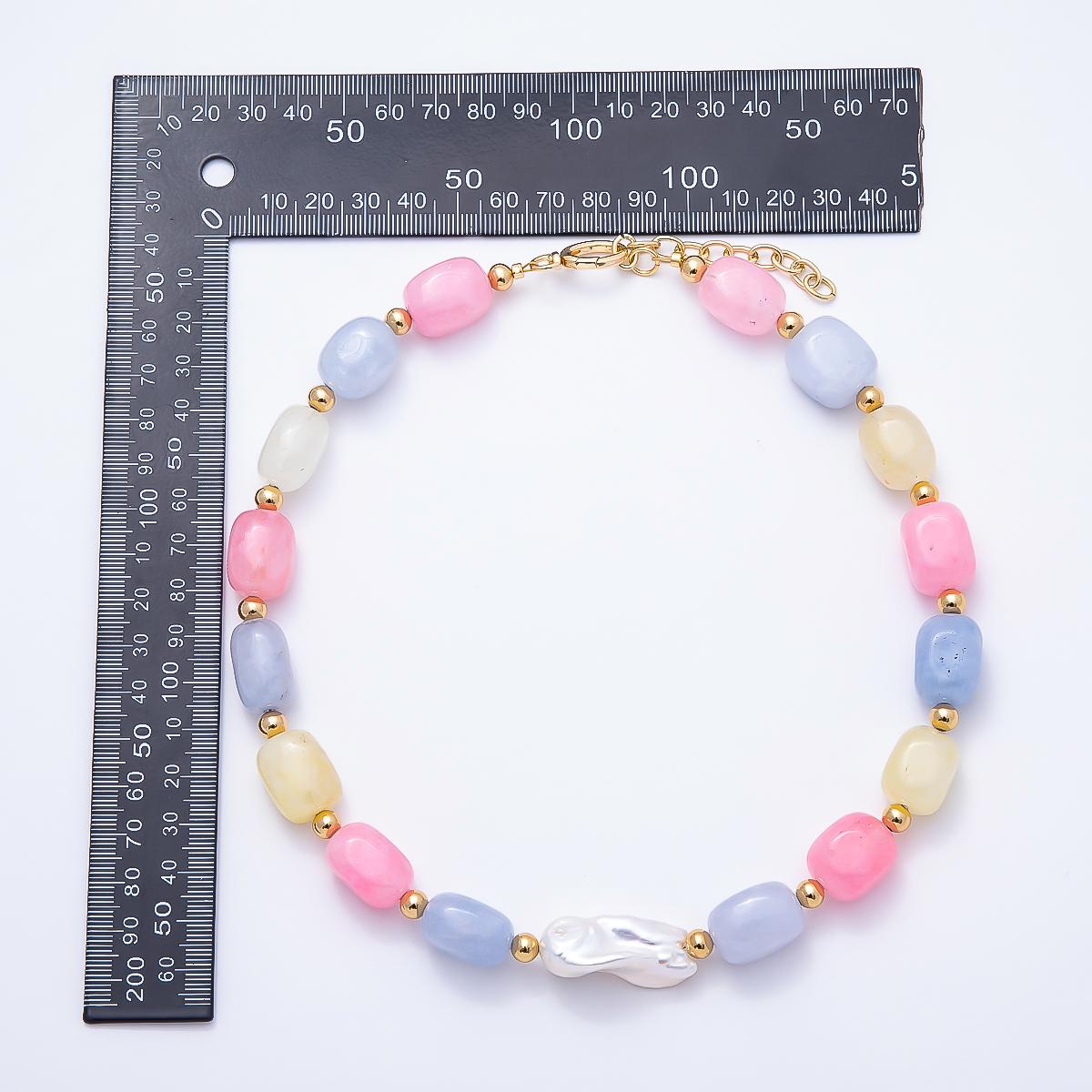 Colorful Gemstone Bead Necklace with Baroque Pearl, Pastel Cotton Candy Beaded Choker, Gold Accent Necklace, Summer Jewelry Gift WA-545