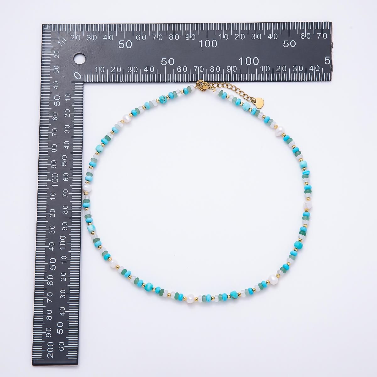 Handmade 4mm Shell Pearl Turquoise Aventurine Clear Quartz Rondelle Gemstone Chain 16in Necklace Iridescent Crystal Summer Theme | WA-00451