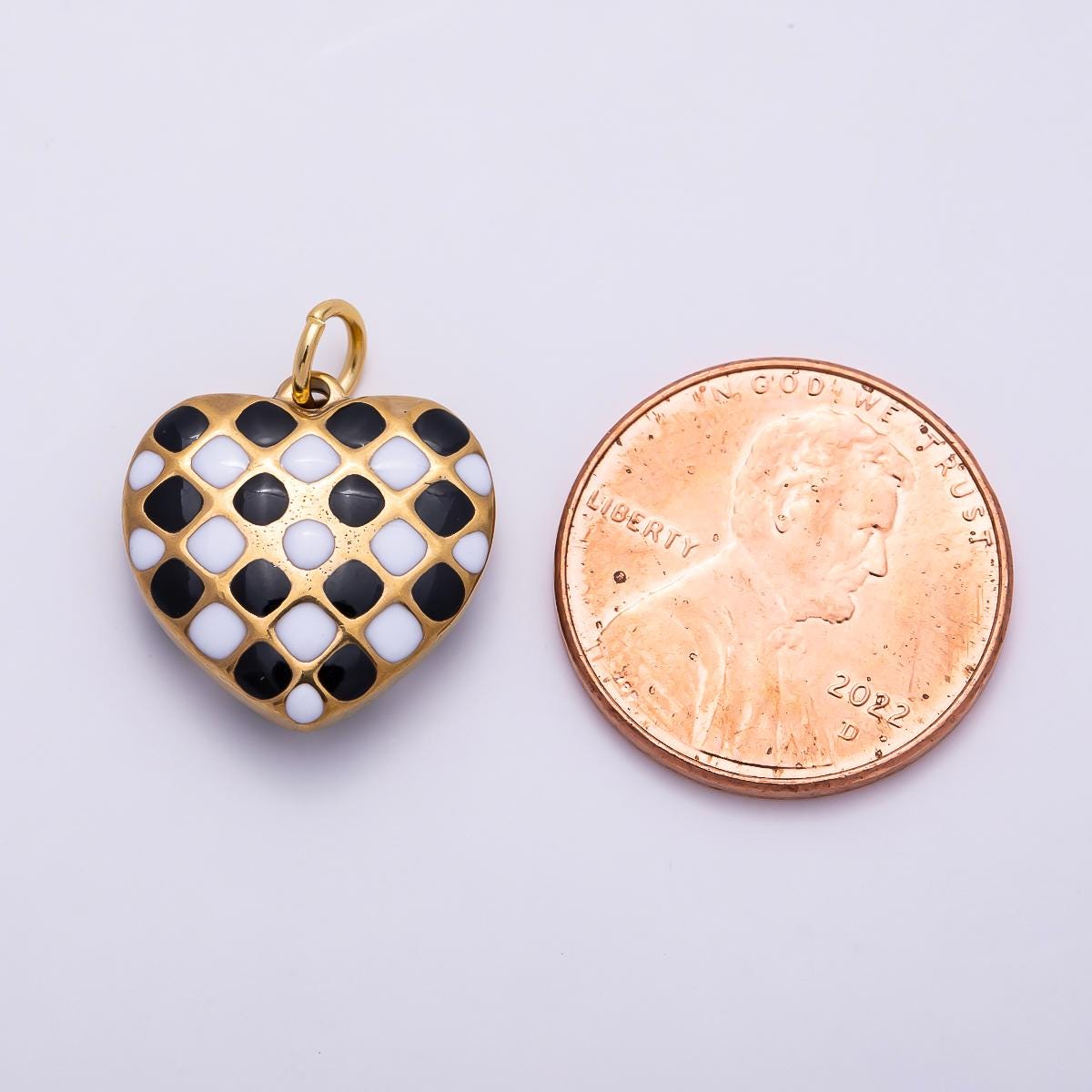 PVD Gold Stainless Steel 16mm Black & White Checkered Enamel Heart Charm Jewelry Making Supplies DIY Statement Necklace Craft | Charms-01428