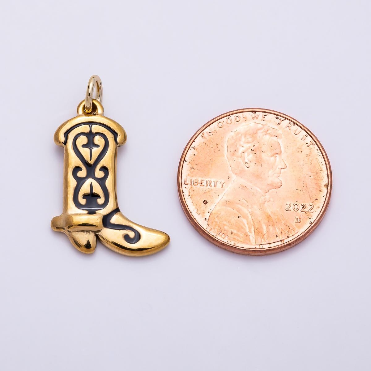 PVD Gold Stainless Steel 20mm Black Enamel Artisan Cowboy Boot Charm Western Country Music Pendant for Jewelry Making | Charms-01443