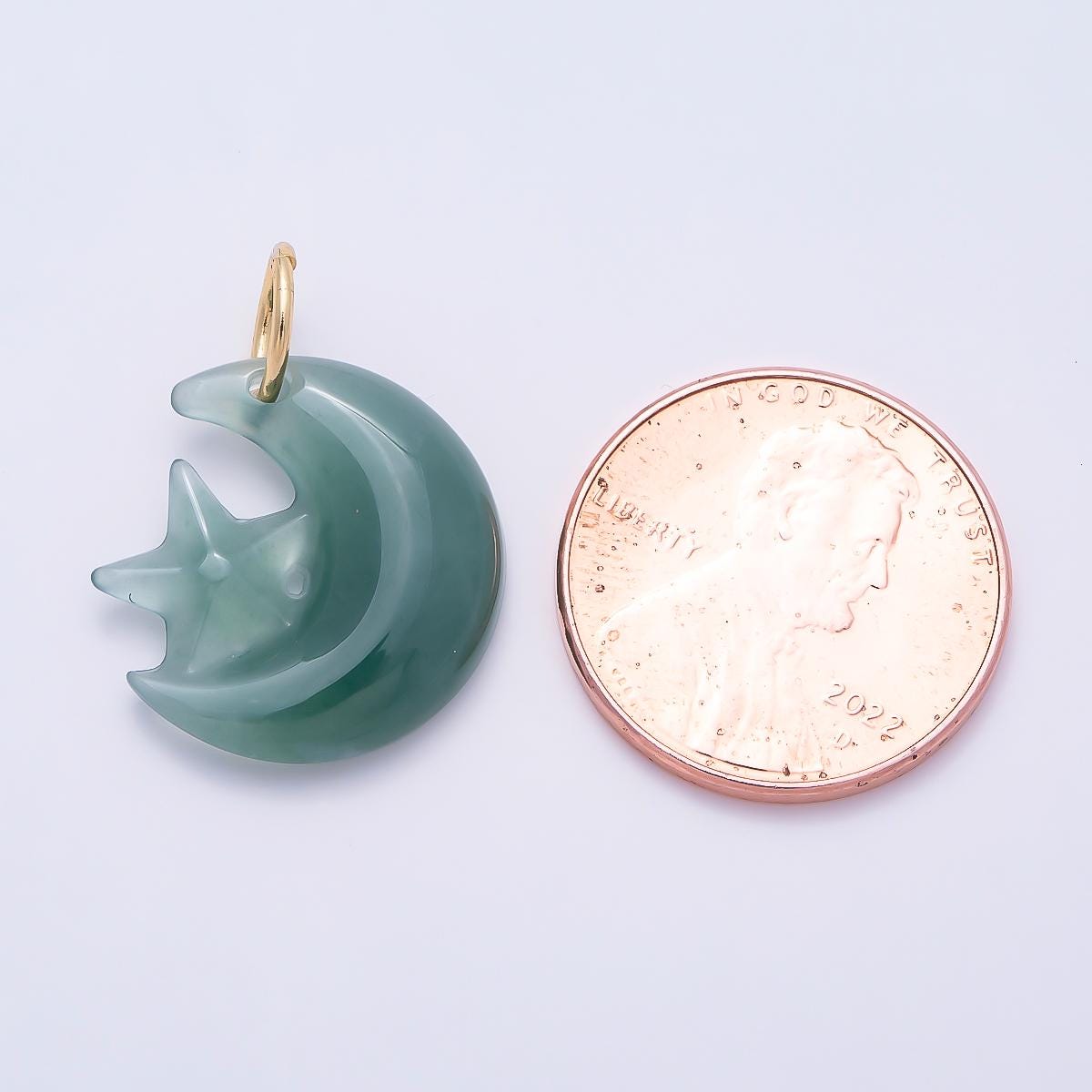 16K Gold Filled 17.5mm Green Aventurine Celestial Star Crescent Moon Gemstone Charm Carved Jade Pendant Necklace Crystal Gift | Charms-01475