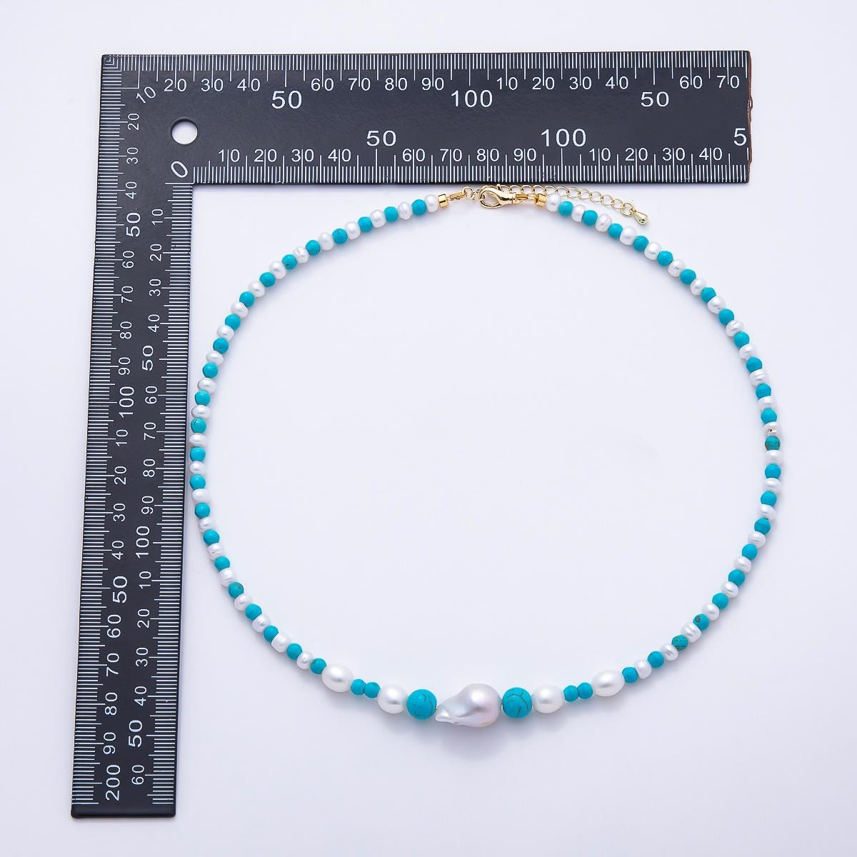 16K Gold Filled 5mm Shell Pearl Turquoise Round Gradient Gemstone Chain 18 Inch Necklace Baroque Focal Statement Choker | WA-01508