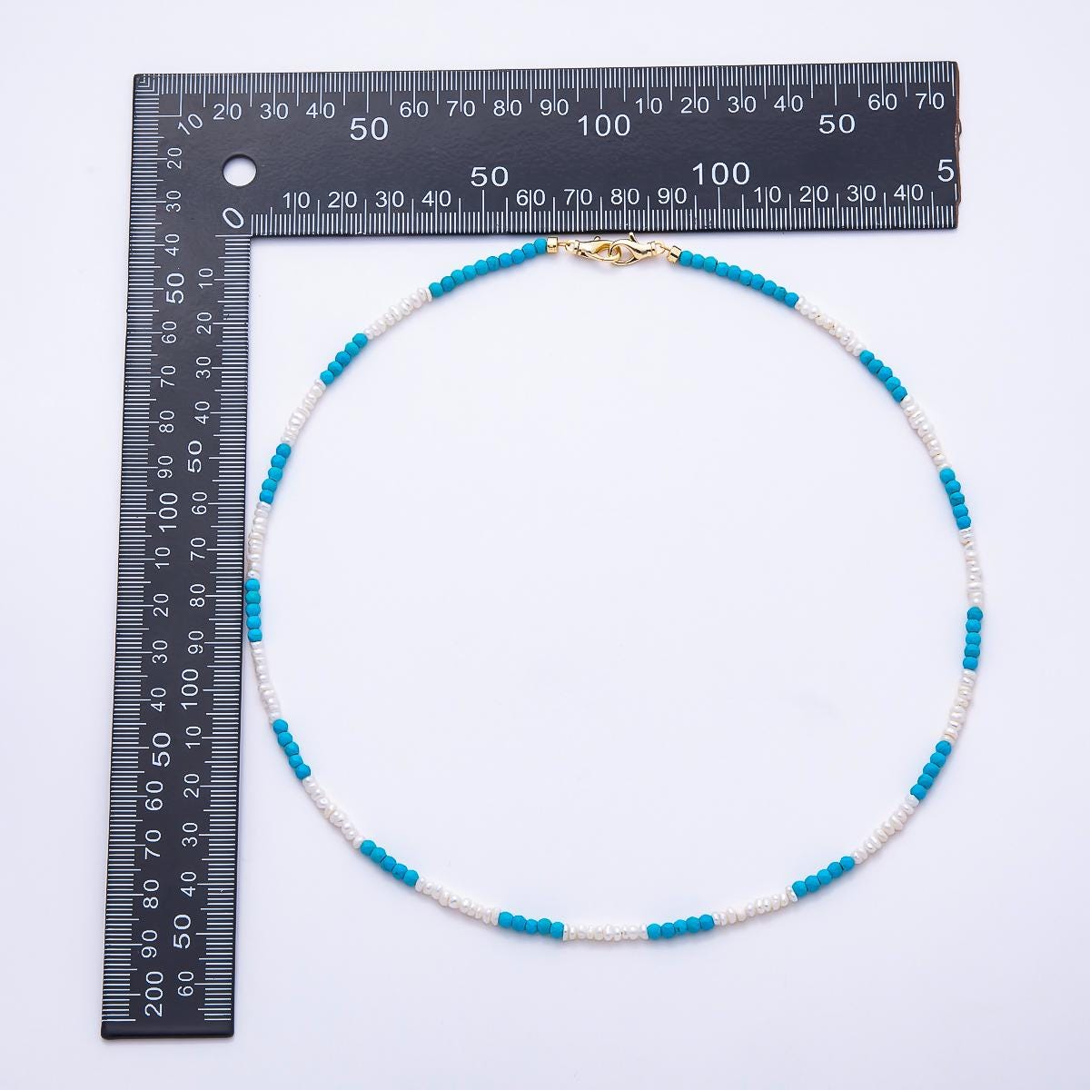 16K Gold Filled 3mm Seed Shell Pearl Turquoise Gemstone Chain 18.5 Inch Necklace Beach Choker Dainty Boho Layering | WA-01509
