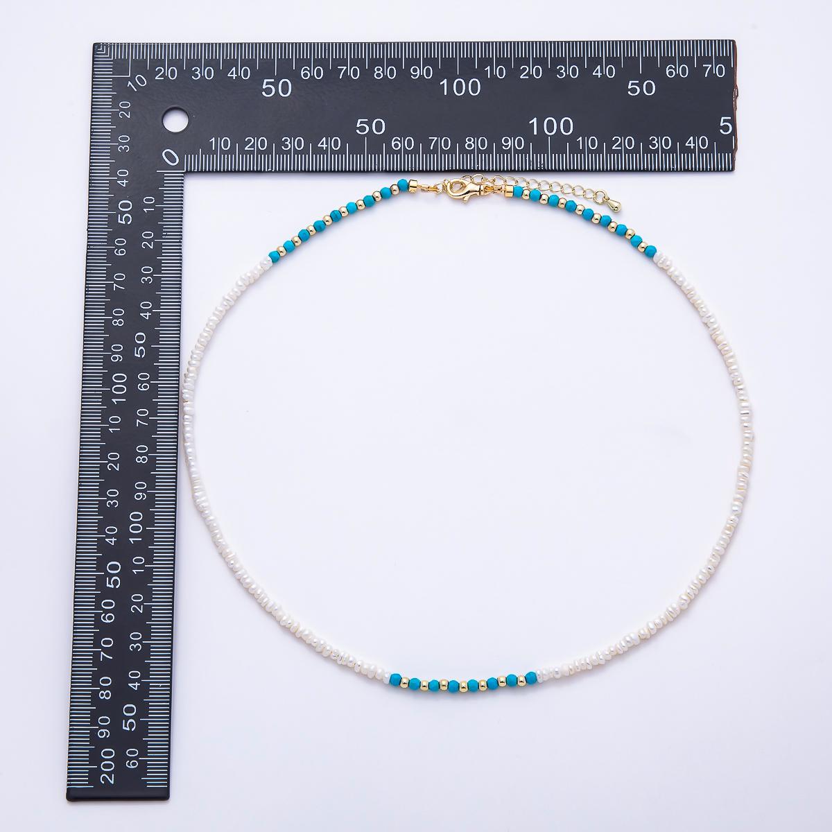 16K Gold Filled 3mm Blue Turquoise Round White Seed Freshwater Pearl 17.5 Inch Necklace Coastal Boho Beach Layering Jewelry | WA-01649