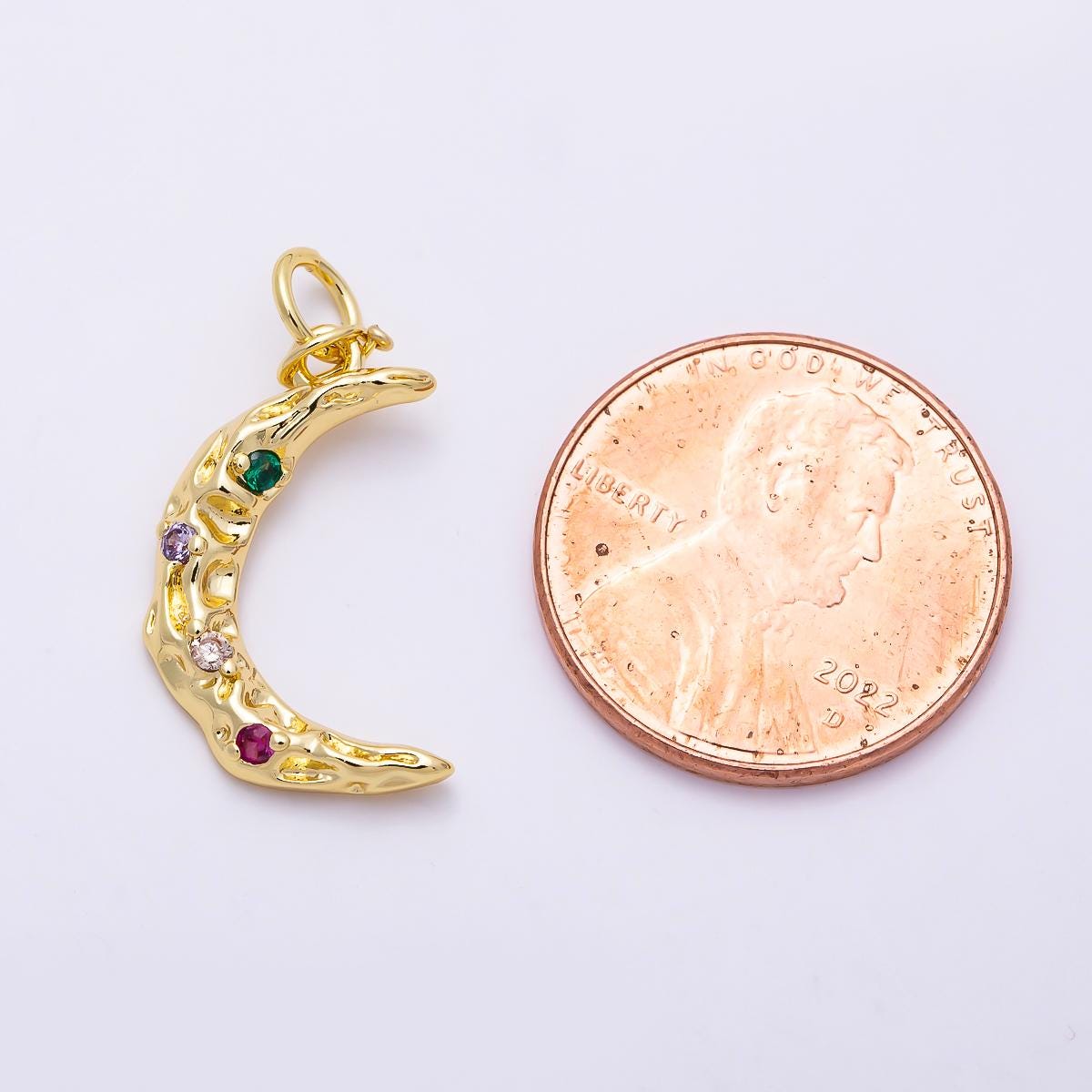 Crescent moon charm 16k gold filled Rustic Moon pendant necklace, celestial jewelry Multi Color cz stone Charms-01487