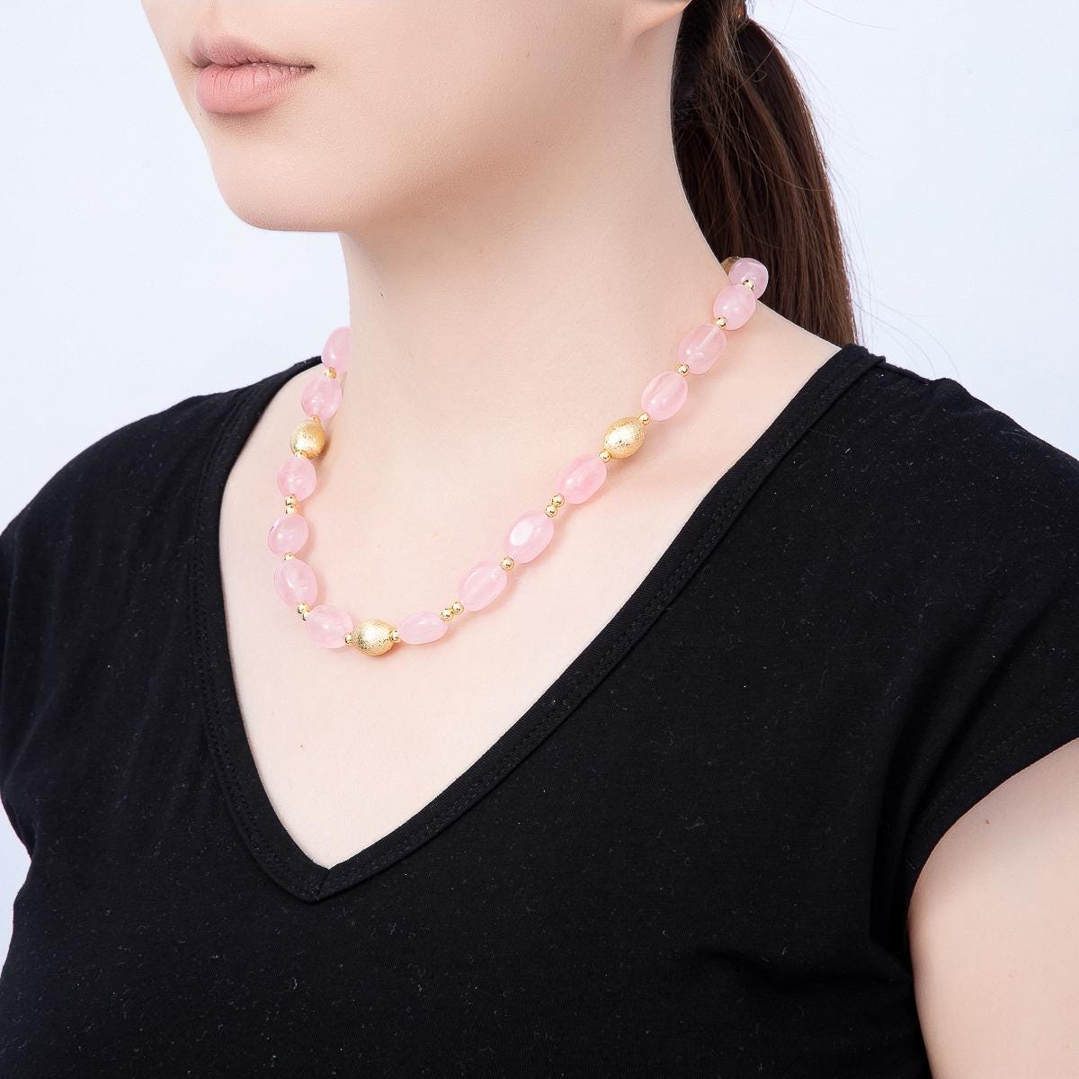 16K Gold Filled 10mm Pink Quartz Textured Bead Rectangle Gemstone Chain 19 Inch Necklace w. Sailor Clasps Layering Jewelry for her| WA-01958