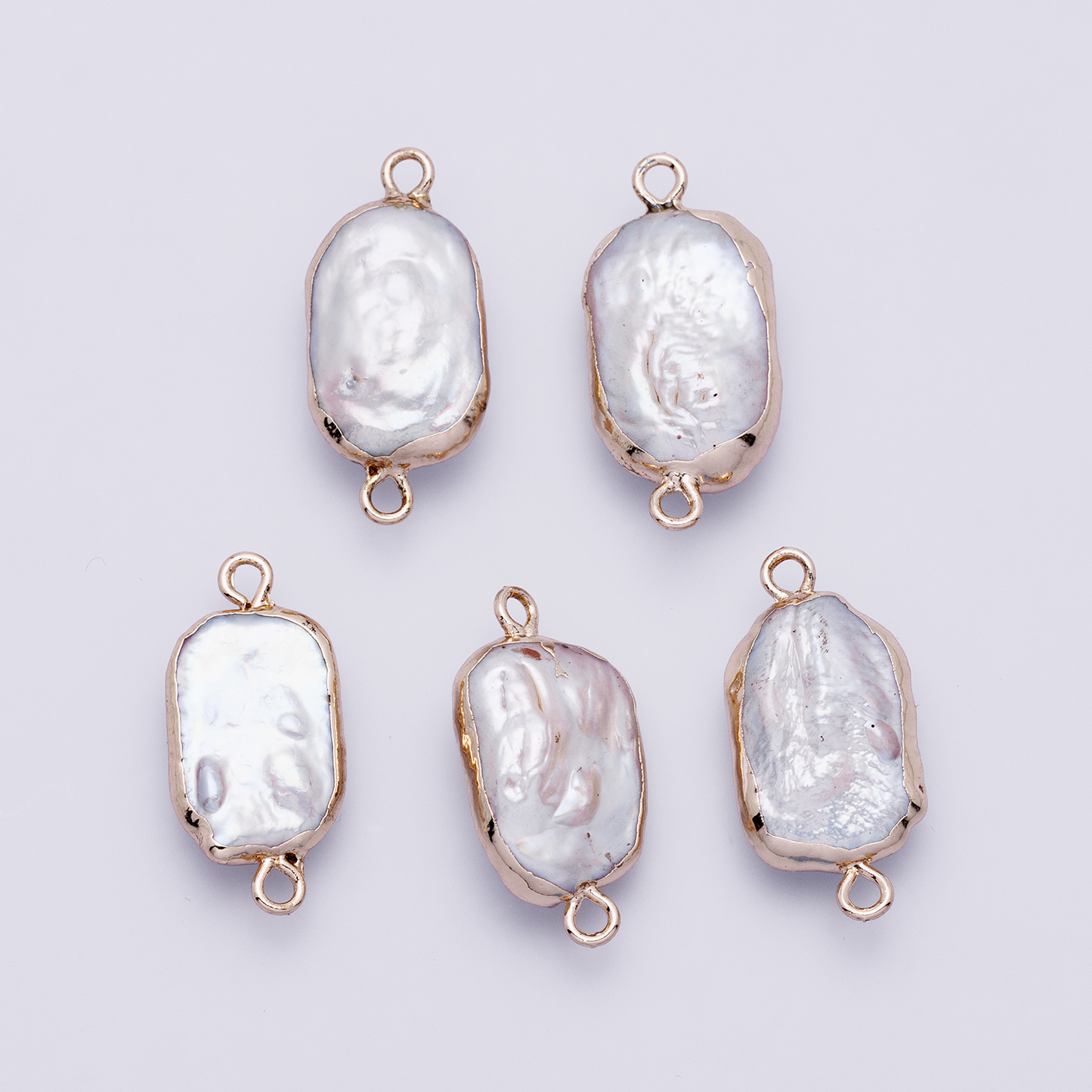 1x freshwater pearl connectors, gold rectangle two loop Mauve Pink charms small natural shell gold edge links p1945