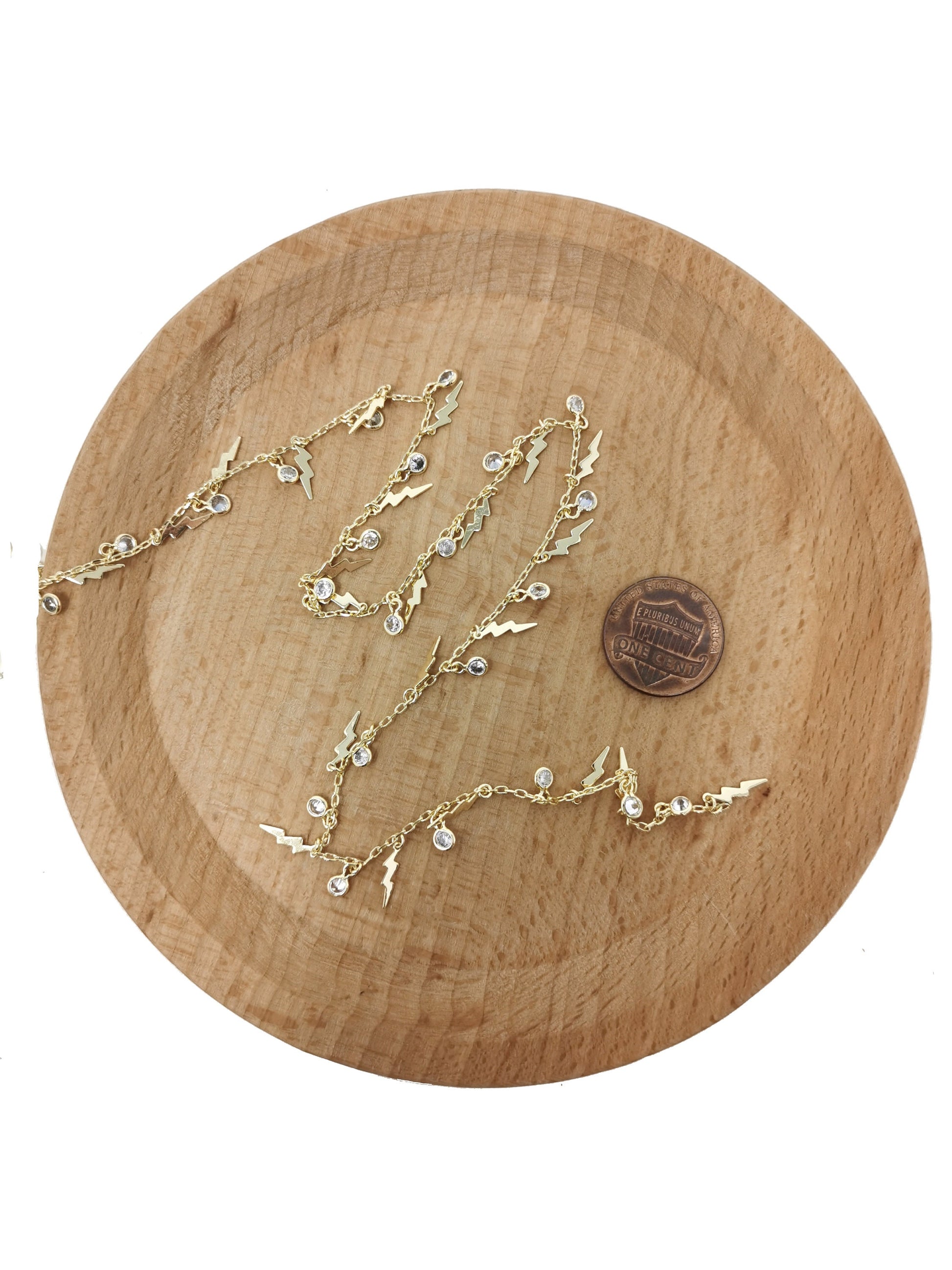 1mm Thick Micro Pave Thunder 14K Gold Rolo Cable Chain by Yard, CZ Lightning Charm Chain,CZ Charm size 6x3mm Lightning 10x2mm,roll-22