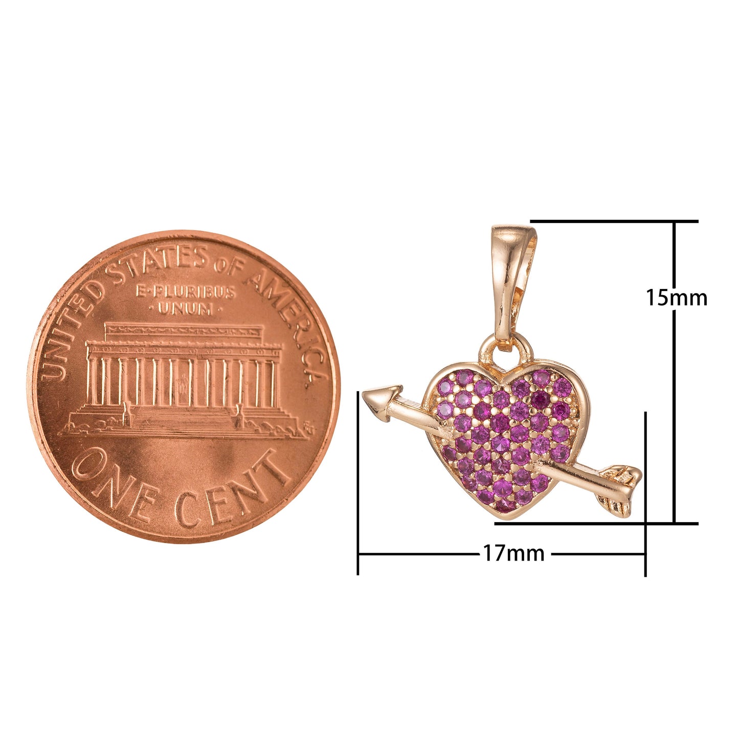 1pc 18k Gold Micro Pave CZ Arrowed Heart Pendant Charm, Heart with Cupid Arrow Pendant Charm, Pendant, For DIY Jewelry