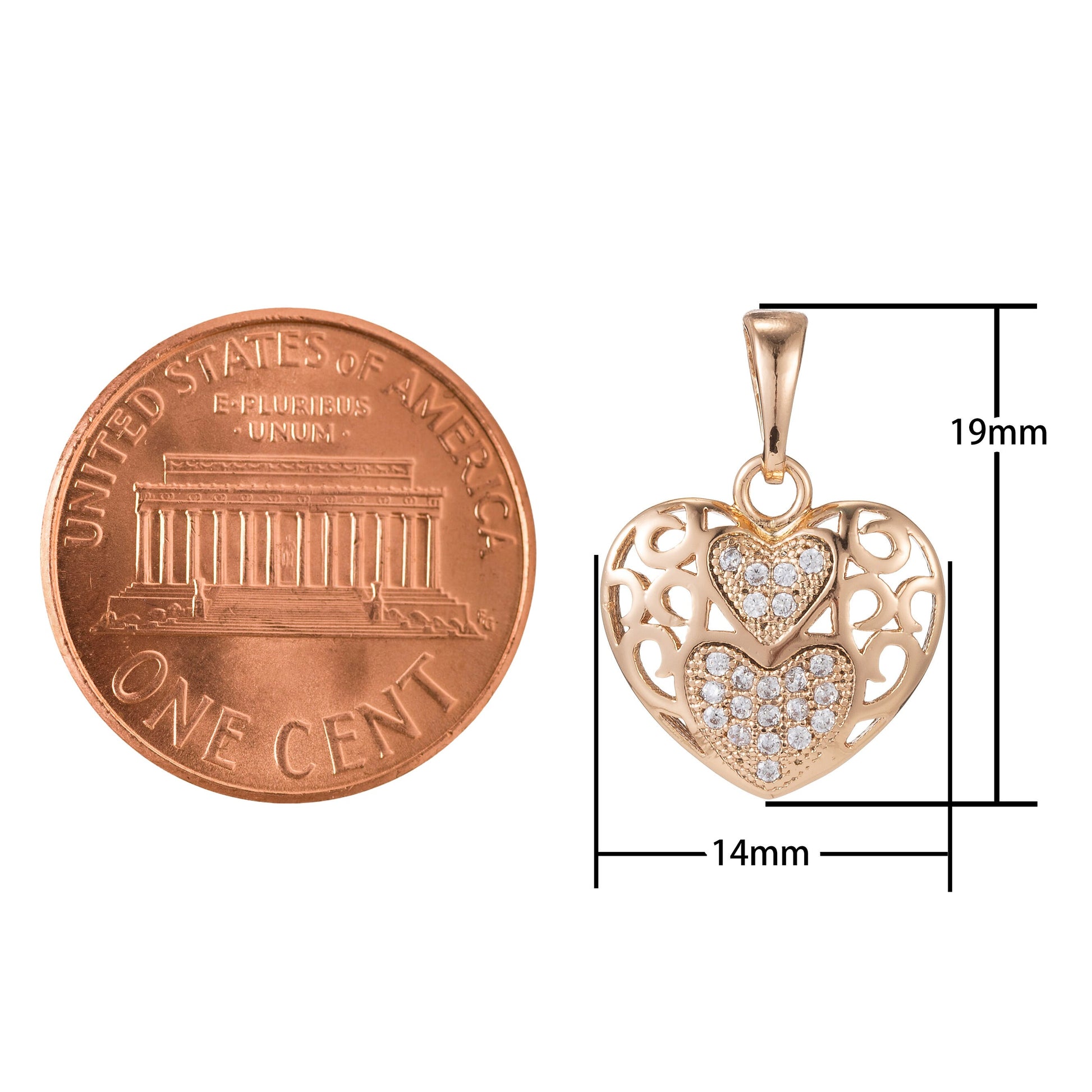 1pc 18k Gold Micro Pave CZ Heart Pendant Charm, Heart with heart Pendant Charm, Linked Locked Heart Pendant, For DIY Jewelry