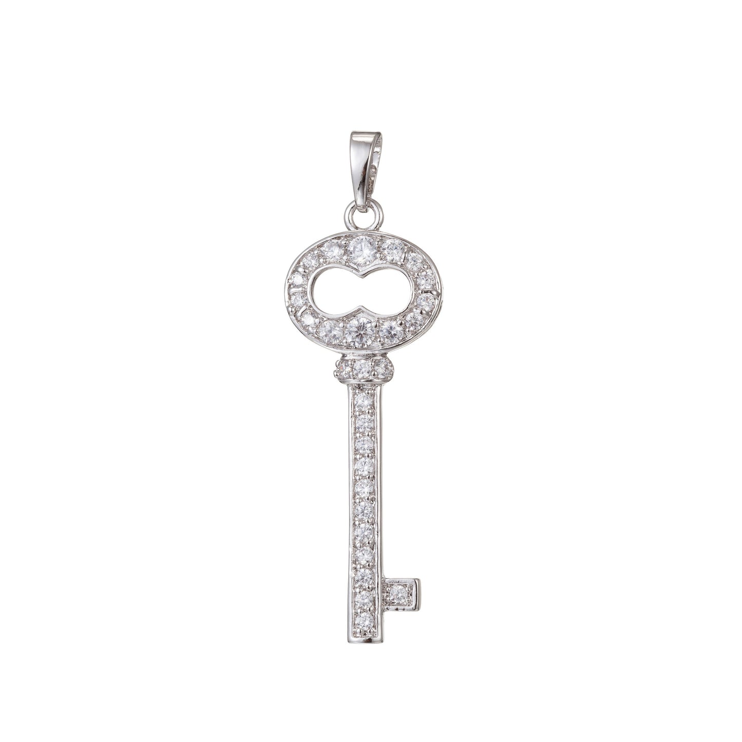1pc White Gold Micro Pave CZ Key Pendant Charm, Micro Pave CZ Key Pendant Charm, White Gold Key Pendant, For DIY Jewelry
