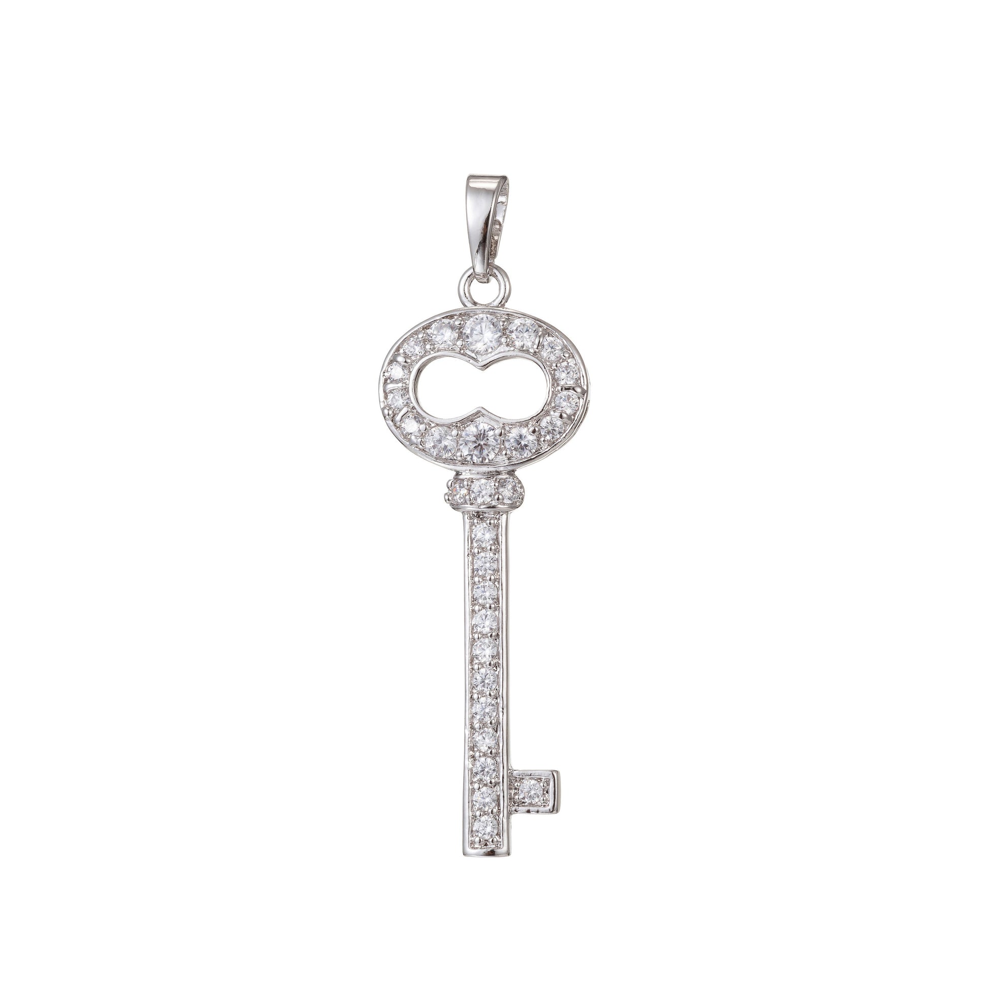 1pc White Gold Micro Pave CZ Key Pendant Charm, Micro Pave CZ Key Pendant Charm, White Gold Key Pendant, For DIY Jewelry