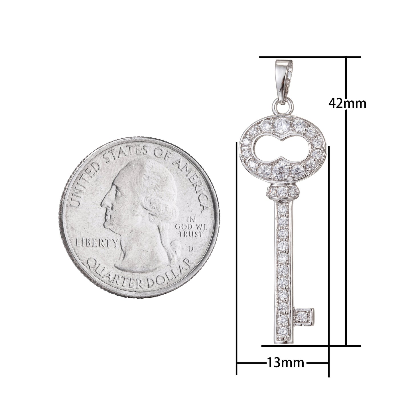1pc White Gold Micro Pave CZ Key Pendant Charm, Micro Pave CZ Key Pendant Charm, White Gold Key Pendant, For DIY Jewelry