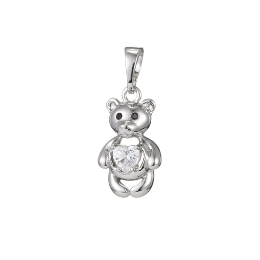 1pc White Gold Micro Pave CZ Cute Bear Pendant Charm, Bear Pendant Charm, White Gold Bear Pendant, For DIY Jewelry