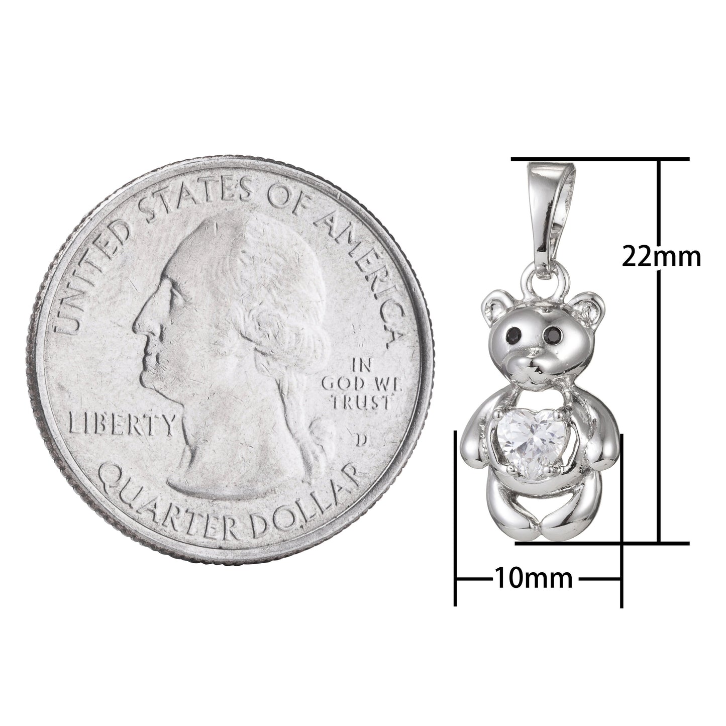 1pc White Gold Micro Pave CZ Cute Bear Pendant Charm, Bear Pendant Charm, White Gold Bear Pendant, For DIY Jewelry