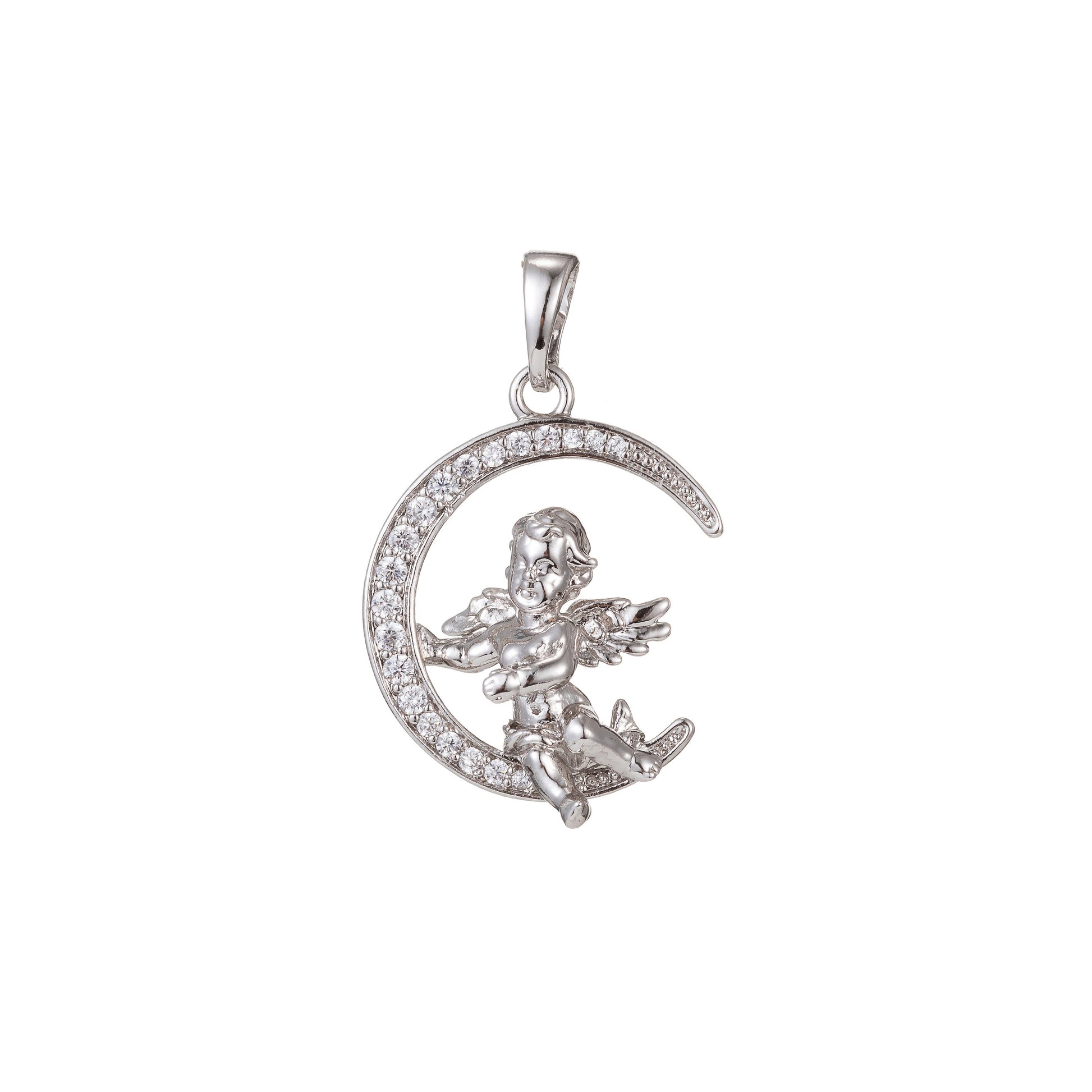 1pc White Gold Micro Pave CZ Angel Pendant Charm, Micro Pave CZ Pendant Charm, White Pendant, For DIY Jewelry