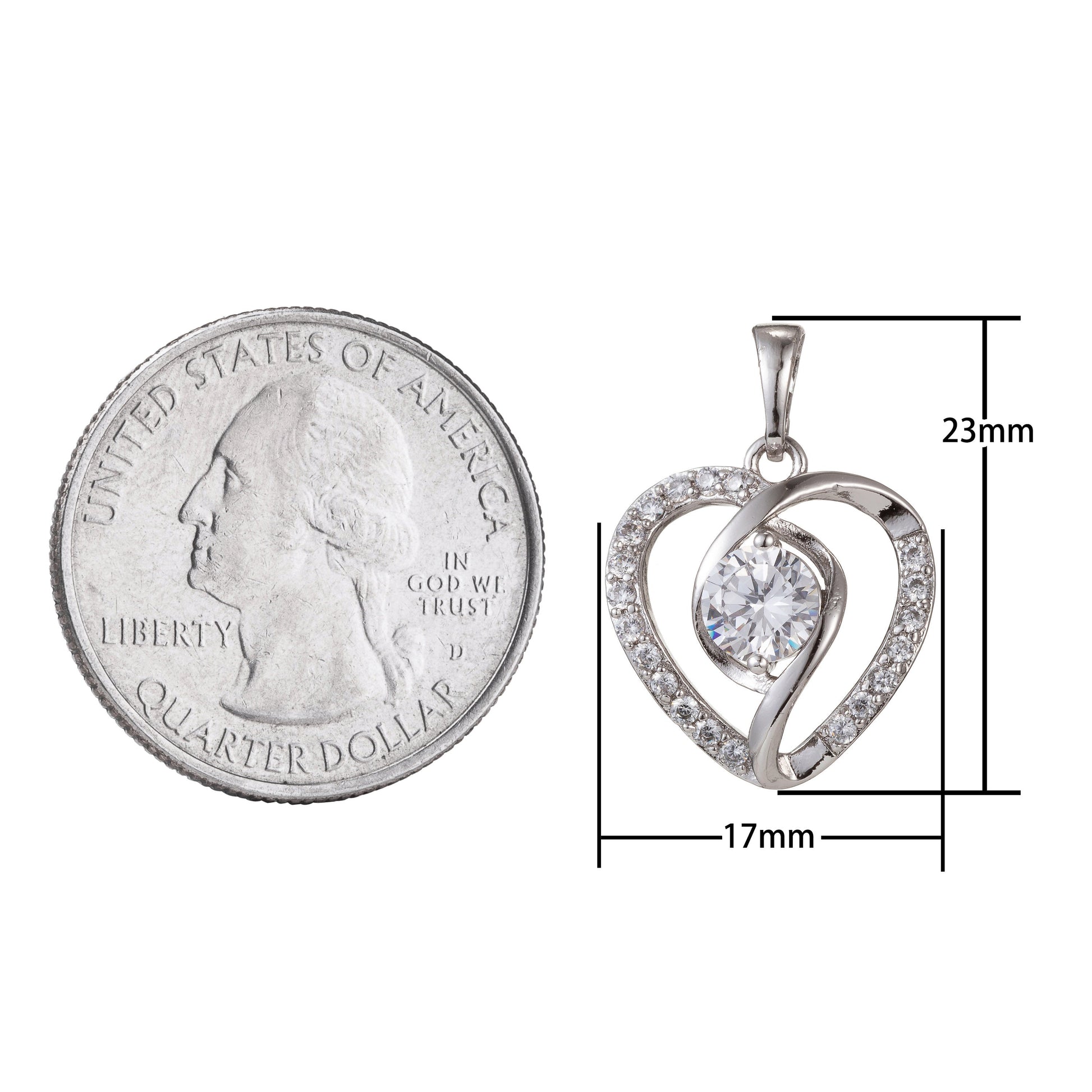 1pc White Gold Micro Pave CZ Heart Pendant Charm, Link Heart Micro Pave CZ Pendant Charm, White Pendant, For DIY Jewelry