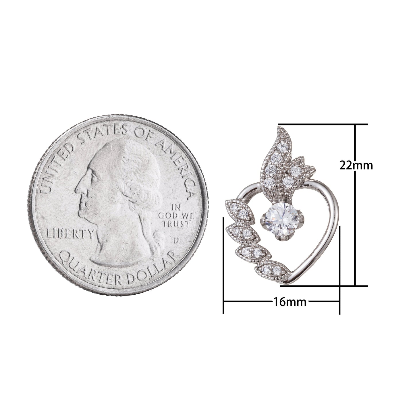 1pc White Gold Micro Pave CZ Heart Pendant Charm, Heart Micro Pave CZ Pendant Charm, White Pendant, For DIY Jewelry, 1414