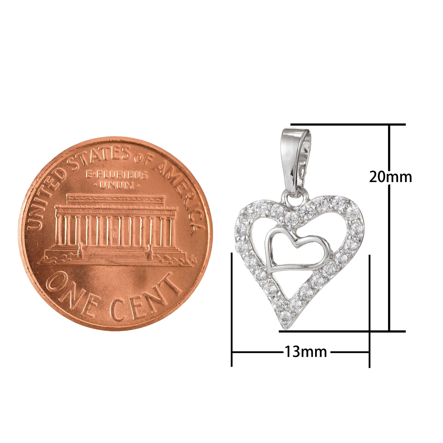 1pc White Gold Micro Pave CZ Heart Pendant Charm, Heart Micro Pave CZ Pendant Charm, White Pendant, For DIY Jewelry