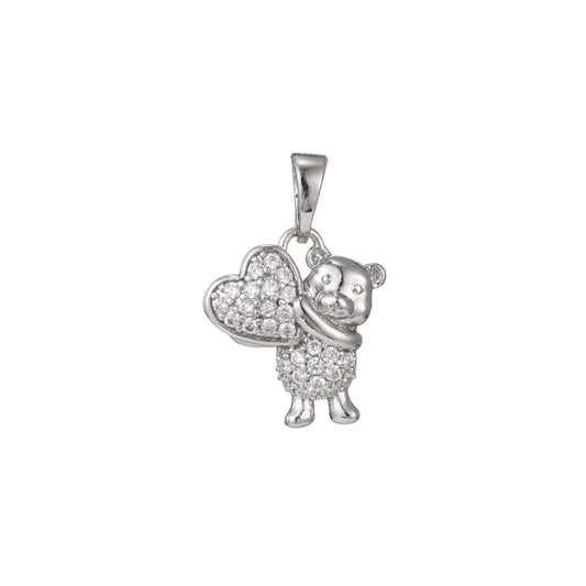1pc White Gold Micro Pave CZ Bear Love You Pendant Charm, Bear Pendant Charm, White Gold Bear Pendant, For DIY Jewelry, 1426