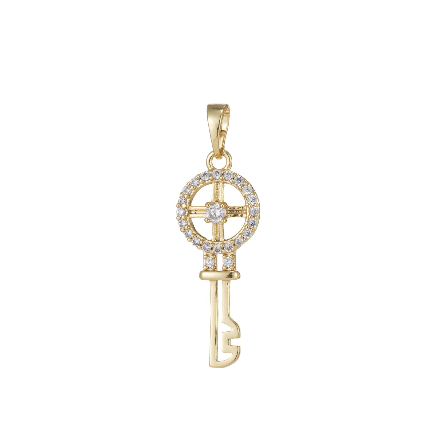 1pc 14k Gold Micro Pave CZ Wheel Key Pendant Charm, Micro Pave CZ Key Pendant Charm, Key Pendant, For DIY Jewelry