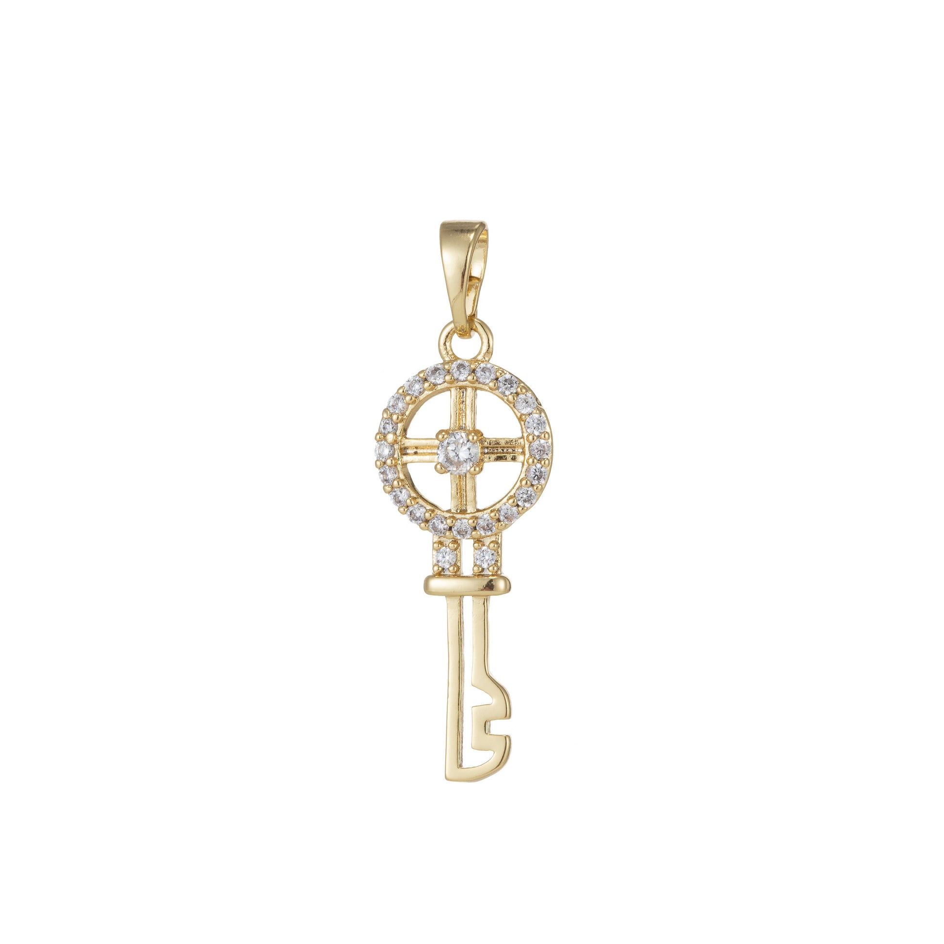 1pc 14k Gold Micro Pave CZ Wheel Key Pendant Charm, Micro Pave CZ Key Pendant Charm, Key Pendant, For DIY Jewelry