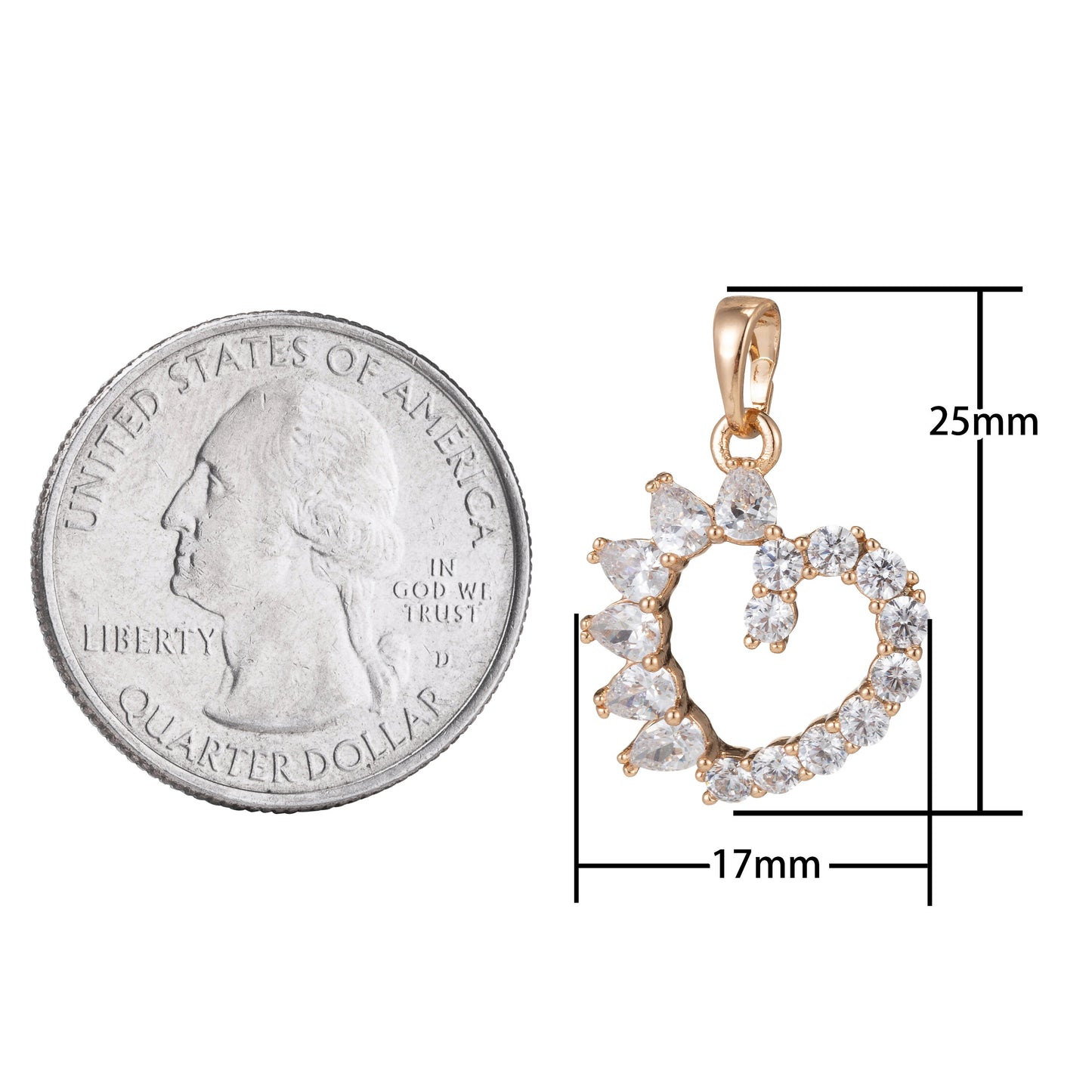 1pc 18k Gold Micro Pave CZ Heart Pendant Charm, Heart with CZ Pendant Charm, Heart Pendant, For DIY Jewelry