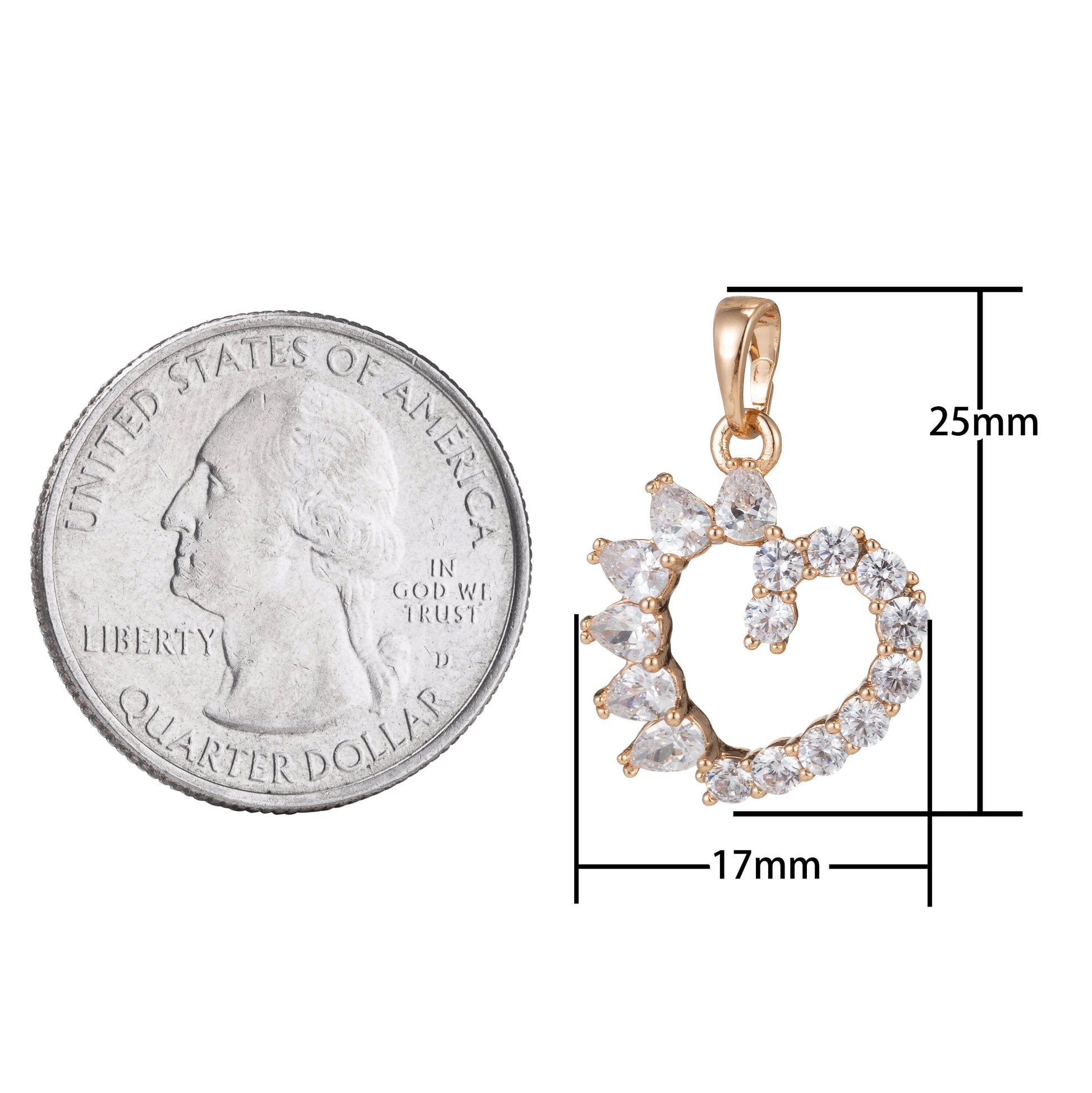 1pc 18k Gold Micro Pave CZ Heart Pendant Charm, Heart with CZ Pendant Charm, Heart Pendant, For DIY Jewelry