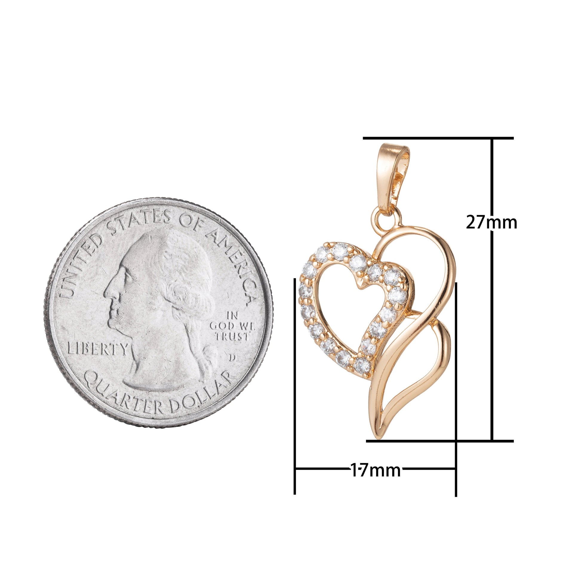 1pc 18k Gold Micro Pave CZ Heart Pendant Charm, Micro Pave CZ Pendant Charm, Heart Pendant, For DIY Jewelry, 1477