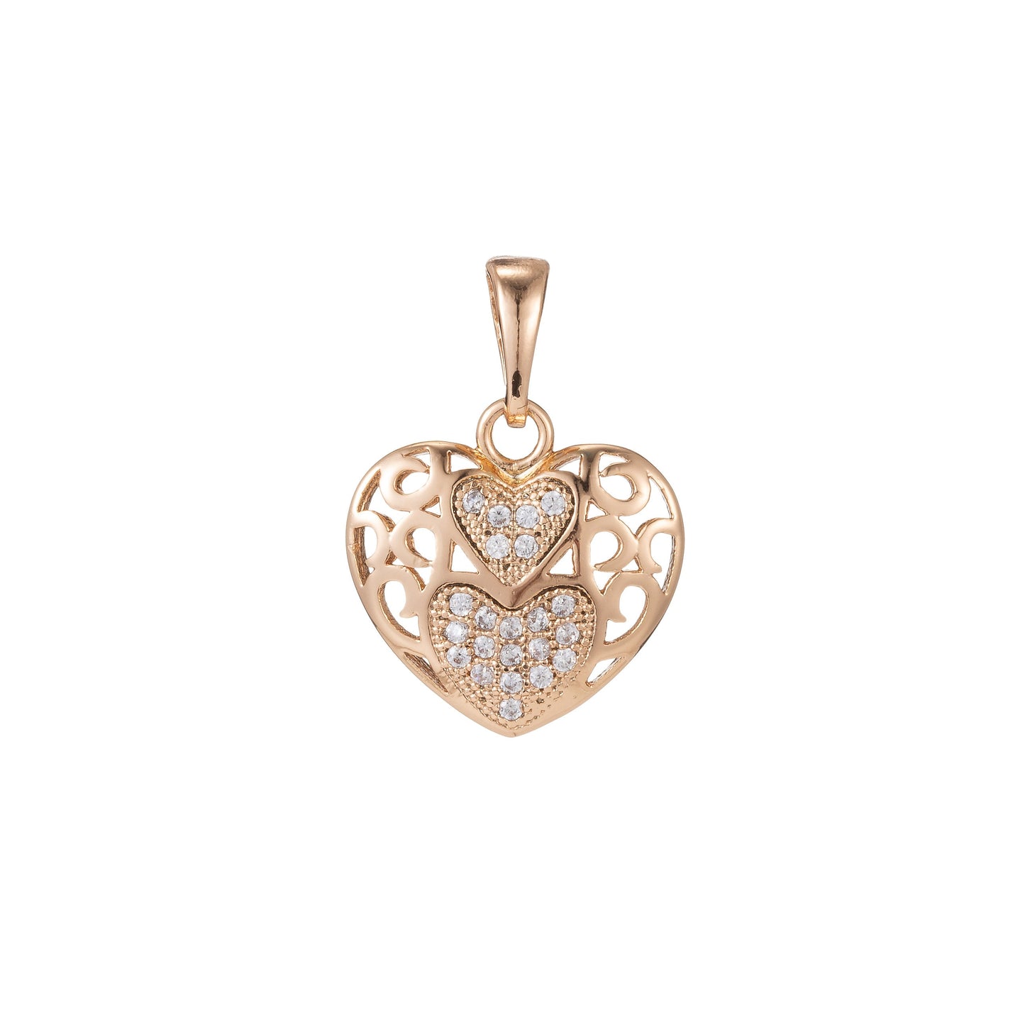 1pc 18k Gold Micro Pave CZ Heart Pendant Charm, Heart with heart Pendant Charm, Linked Locked Heart Pendant, For DIY Jewelry