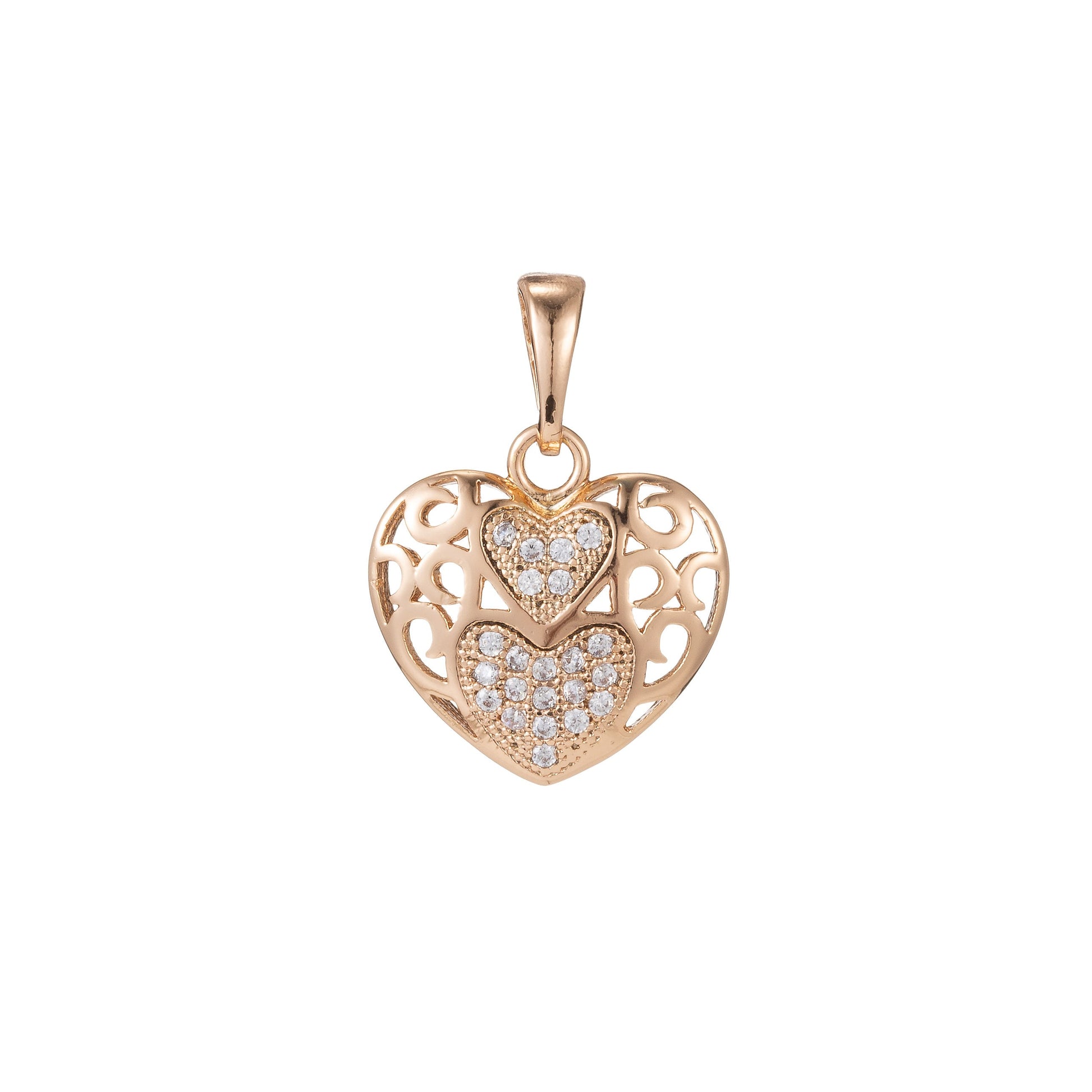 1pc 18k Gold Micro Pave CZ Heart Pendant Charm, Heart with heart Pendant Charm, Linked Locked Heart Pendant, For DIY Jewelry