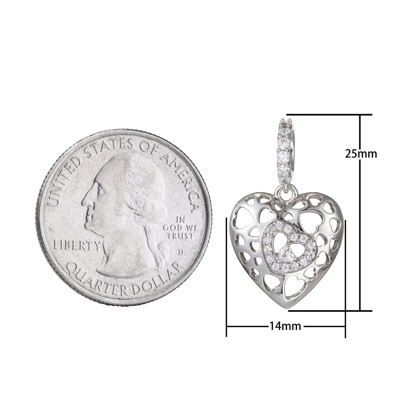 1pc White Gold Micro Pave CZ Heart Pendant Charm, Link Heart Micro Pave CZ Pendant Charm, White Pendant, For DIY Jewelry