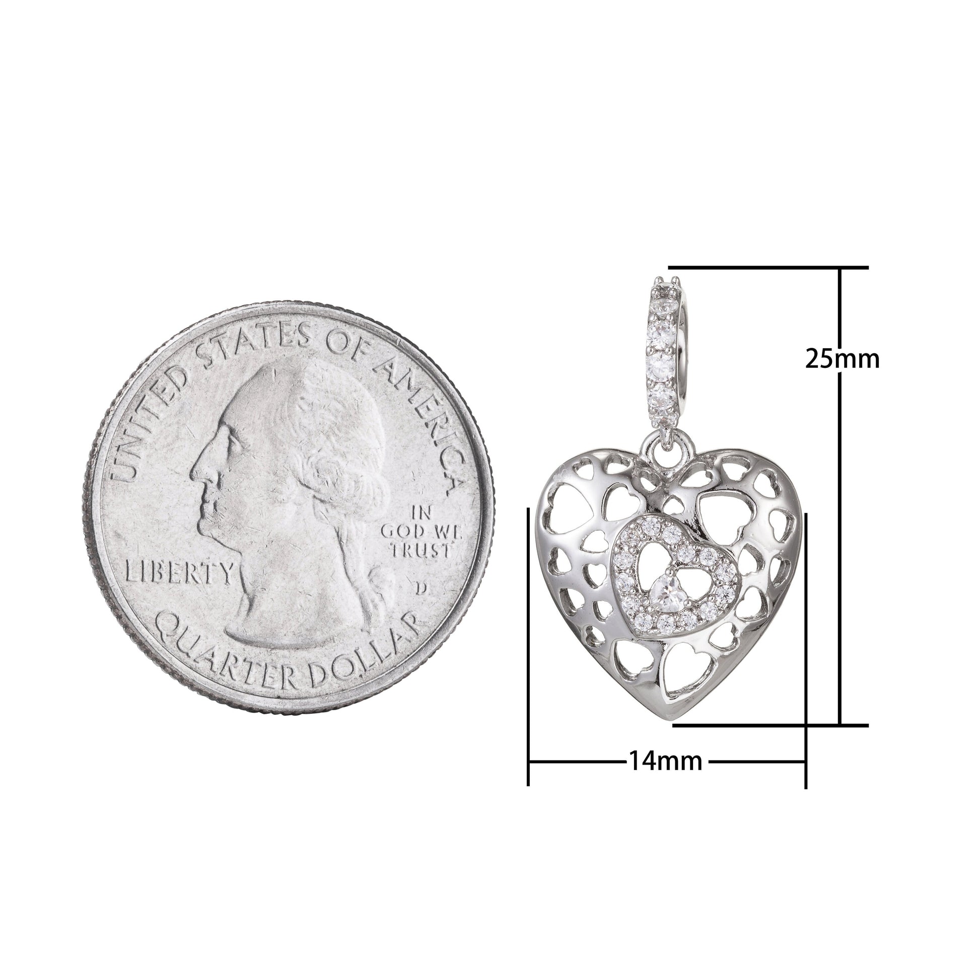 1pc White Gold Micro Pave CZ Heart Pendant Charm, Link Heart Micro Pave CZ Pendant Charm, White Pendant, For DIY Jewelry