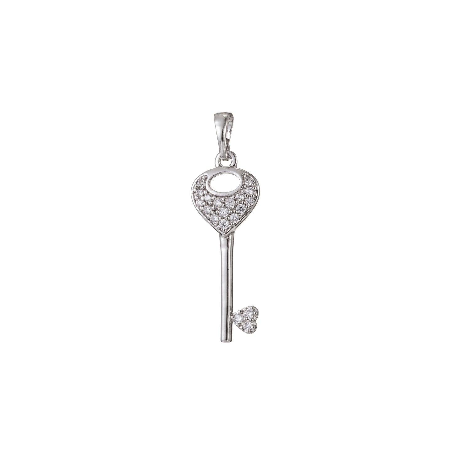 Silver Key Micro Pave CZ Key Pendant Charm, Micro Pave CZ Key Pendant Charm, White Gold Key Pendant, For DIY Jewelry