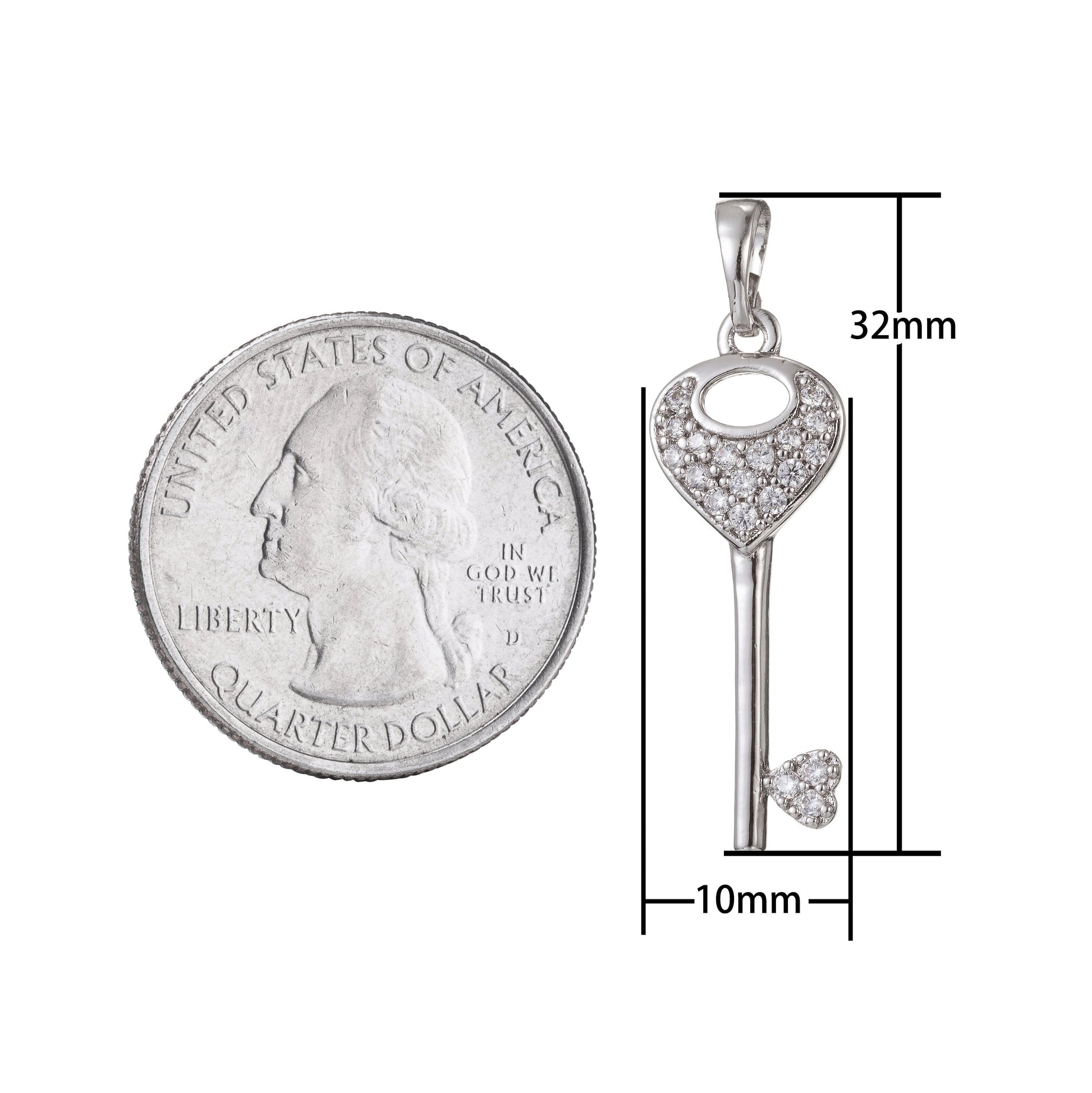 Silver Key Micro Pave CZ Key Pendant Charm, Micro Pave CZ Key Pendant Charm, White Gold Key Pendant, For DIY Jewelry