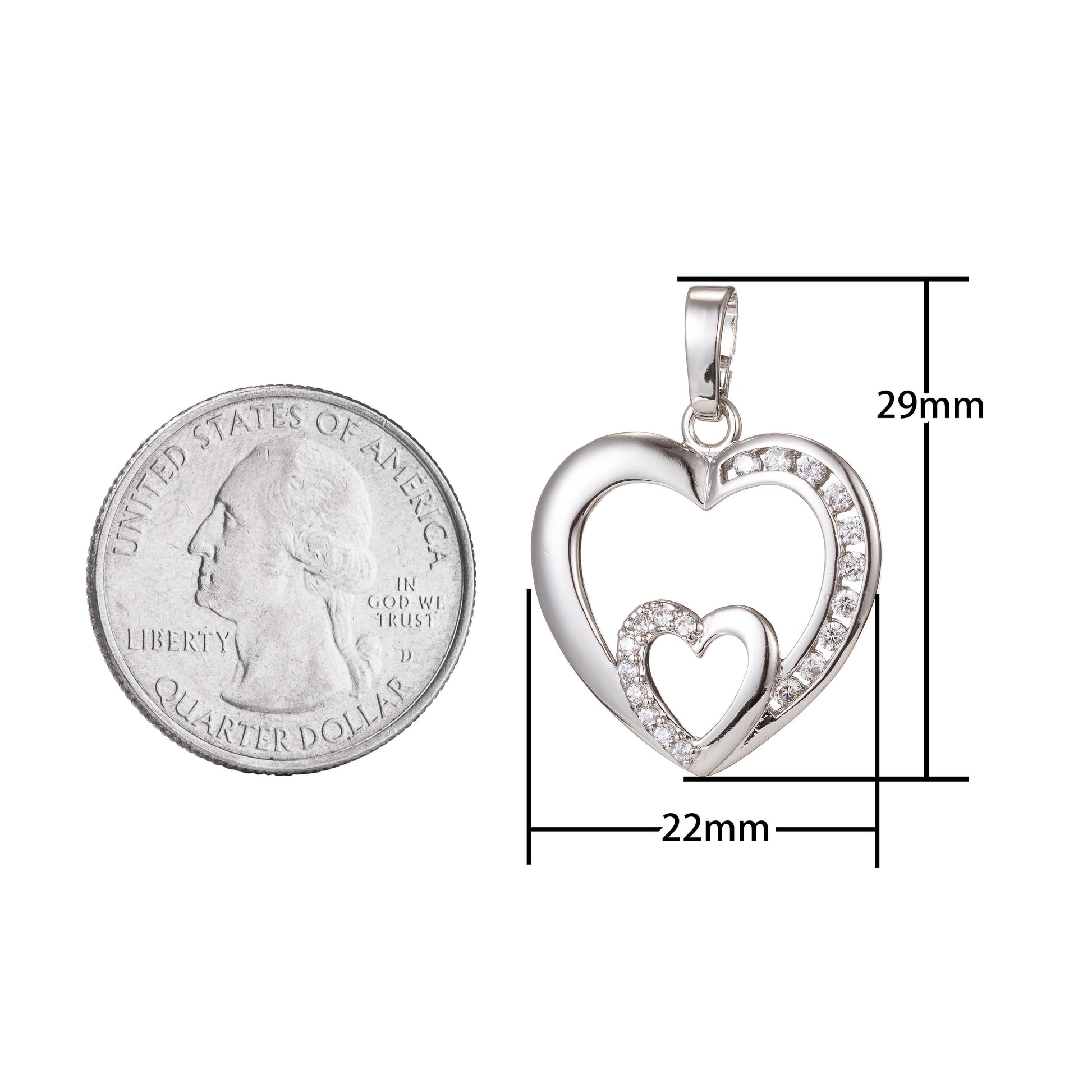1pc White Gold Micro Pave CZ Heart Pendant Charm, Link Heart Micro Pave CZ Pendant Charm, White Pendant, For DIY Jewelry