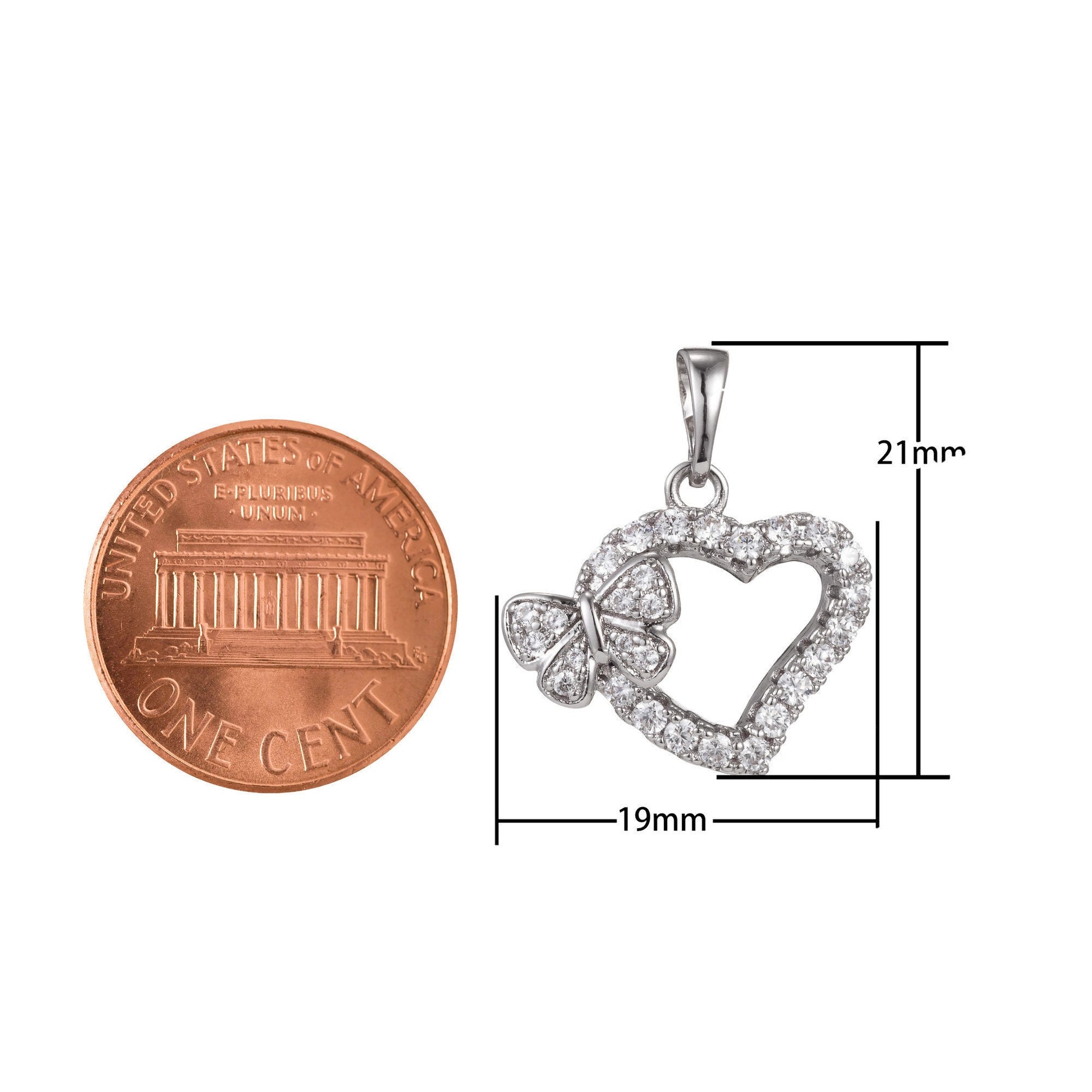 1pc White Gold Micro Pave CZ Heart Pendant Charm, Buttefly Heart Micro Pave CZ Pendant Charm, White Gold Filled,For DIY Jewelry, 1413
