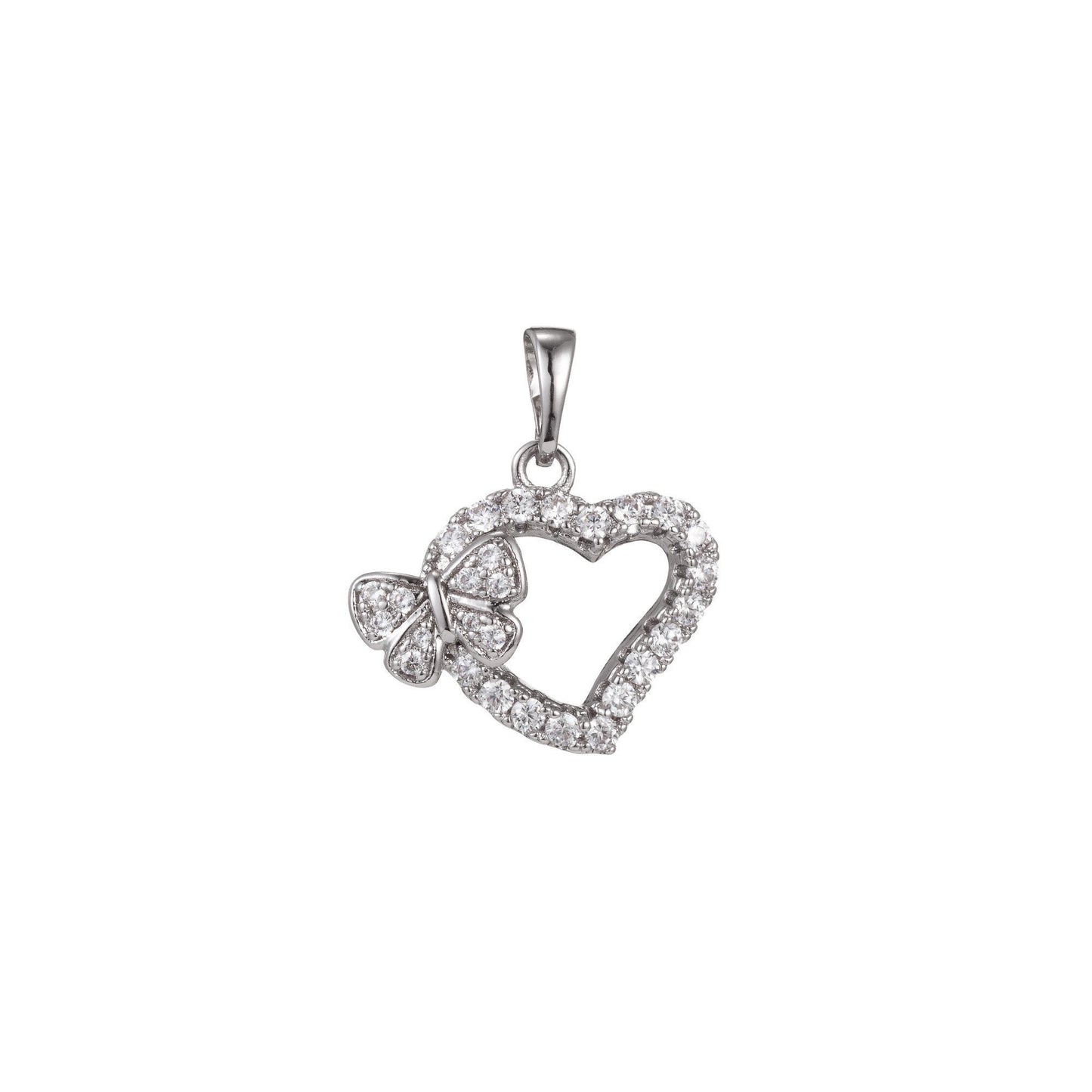 1pc White Gold Micro Pave CZ Heart Pendant Charm, Buttefly Heart Micro Pave CZ Pendant Charm, White Gold Filled,For DIY Jewelry, 1413