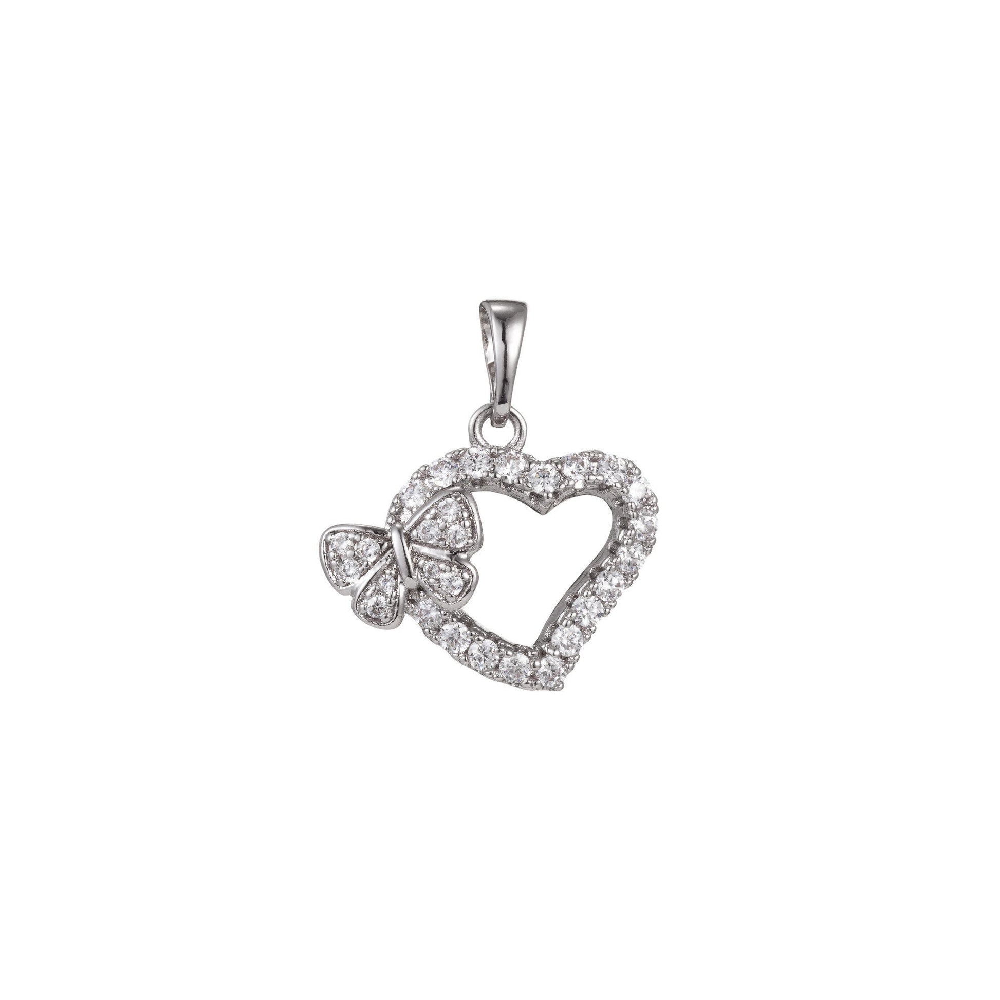 1pc White Gold Micro Pave CZ Heart Pendant Charm, Buttefly Heart Micro Pave CZ Pendant Charm, White Gold Filled,For DIY Jewelry, 1413