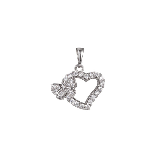 1pc White Gold Micro Pave CZ Heart Pendant Charm, Buttefly Heart Micro Pave CZ Pendant Charm, White Gold Filled,For DIY Jewelry, 1413