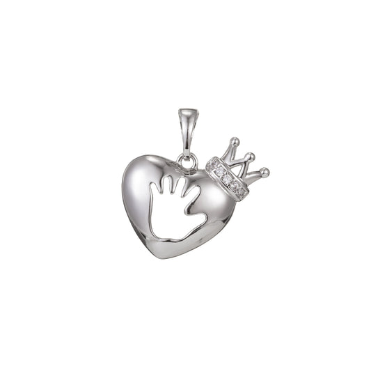 1pc White Gold Micro Pave CZ Heart Pendant Charm, Hand Crown Micro Pave CZ Pendant Charm, White Pendant, For DIY Jewelry
