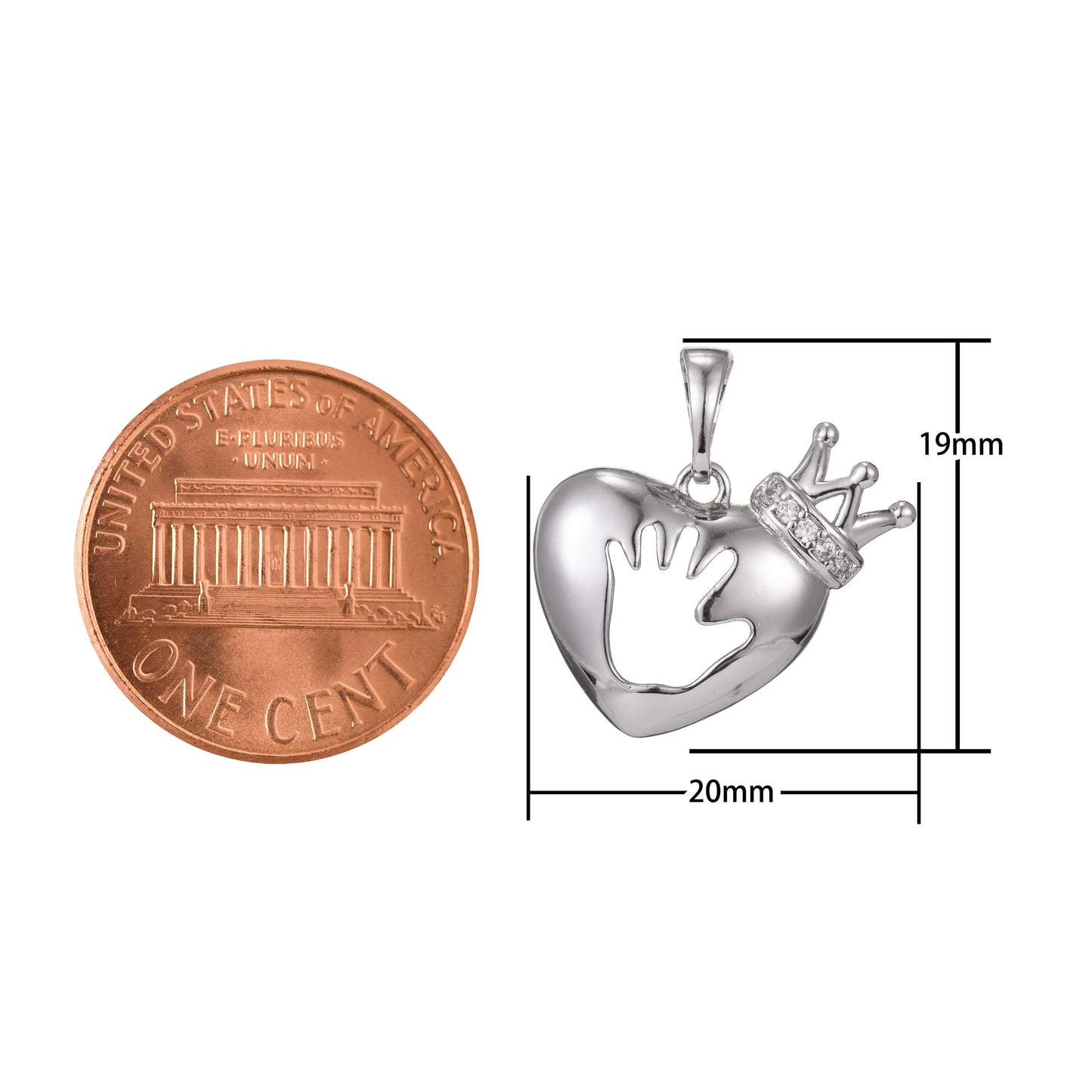 1pc White Gold Micro Pave CZ Heart Pendant Charm, Hand Crown Micro Pave CZ Pendant Charm, White Pendant, For DIY Jewelry