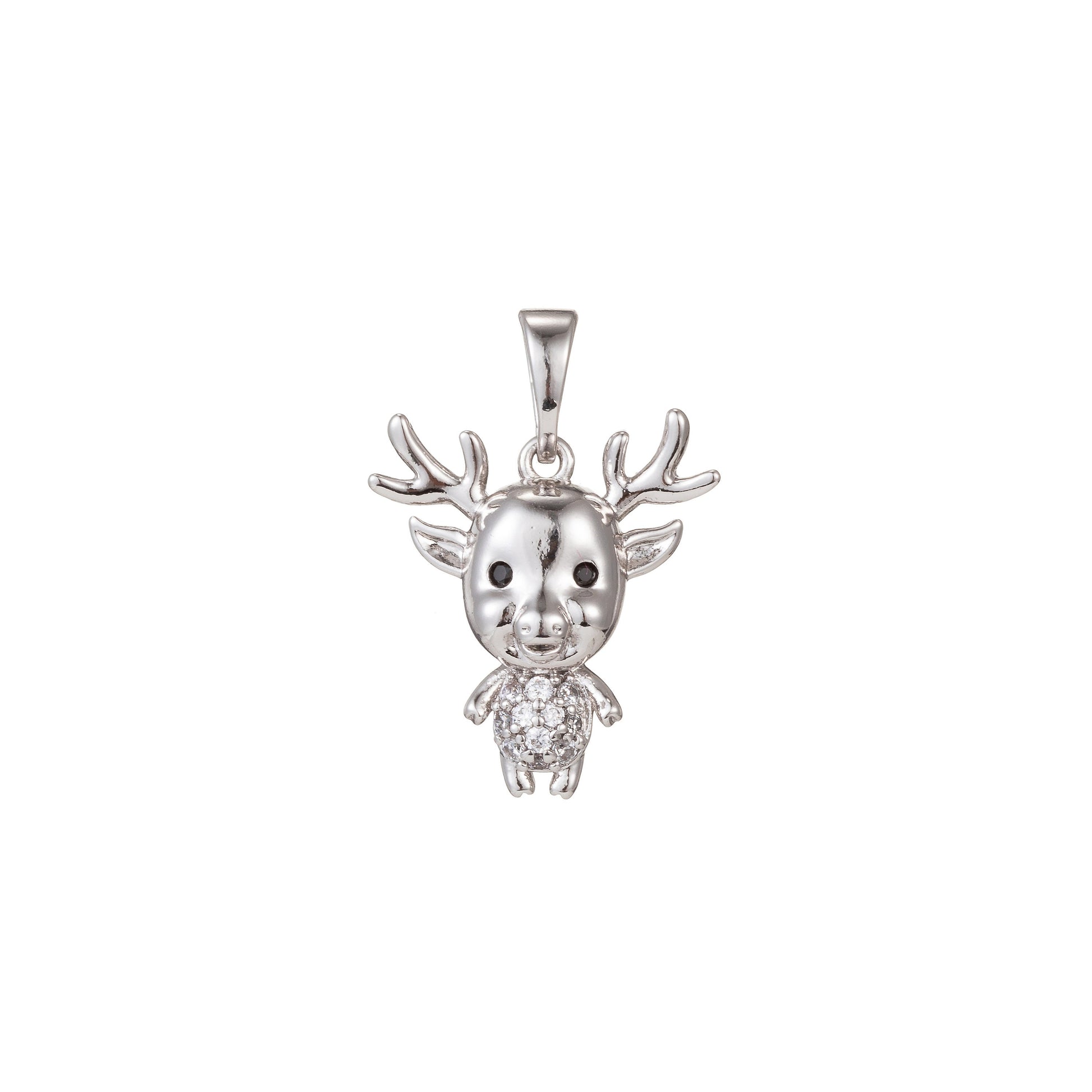 1pc White Gold Micro Pave CZ ReinDeer Pendant Charm, Deer Pendant Charm, White Gold Animal Pendant, For DIY Jewelry