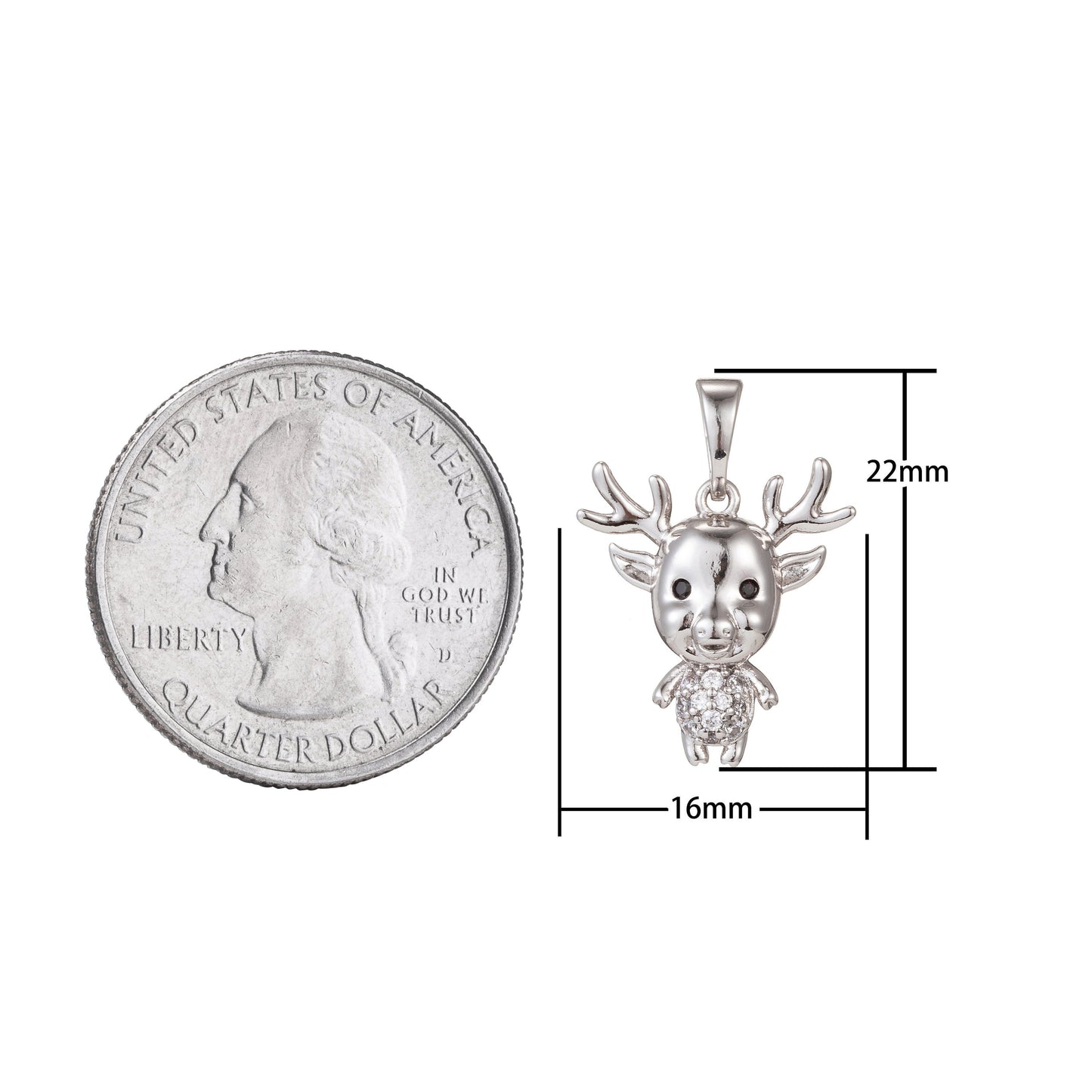 1pc White Gold Micro Pave CZ ReinDeer Pendant Charm, Deer Pendant Charm, White Gold Animal Pendant, For DIY Jewelry