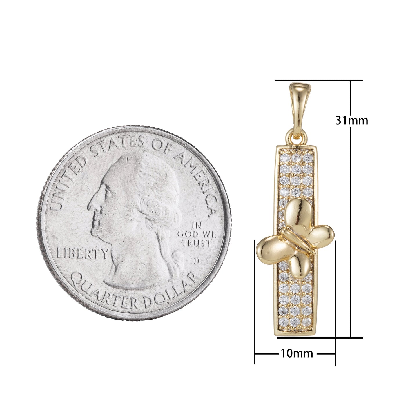 1pc 14k Gold Micro Pave CZ Butterfly Bar Pendant Charm, Micro Pave CZ Pendant Charm, Pendant, For DIY Jewelry