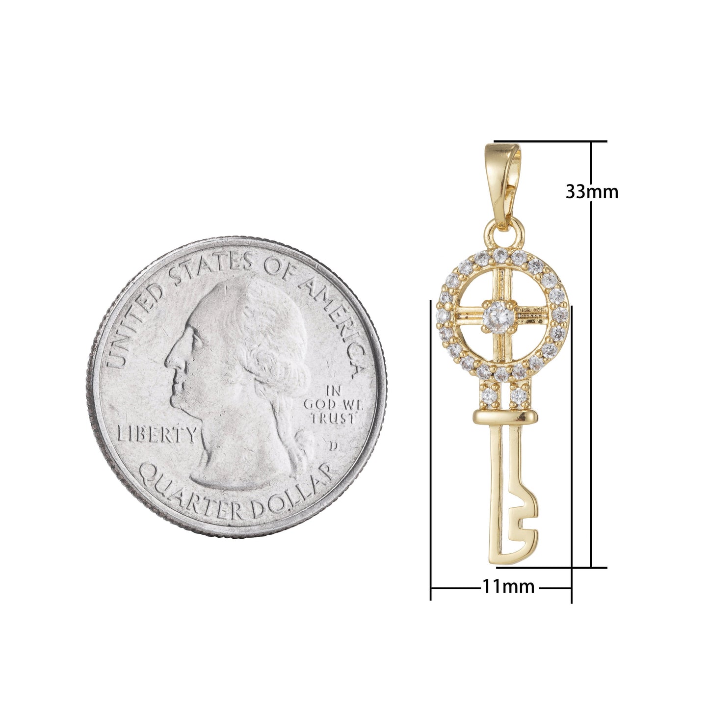 1pc 14k Gold Micro Pave CZ Wheel Key Pendant Charm, Micro Pave CZ Key Pendant Charm, Key Pendant, For DIY Jewelry